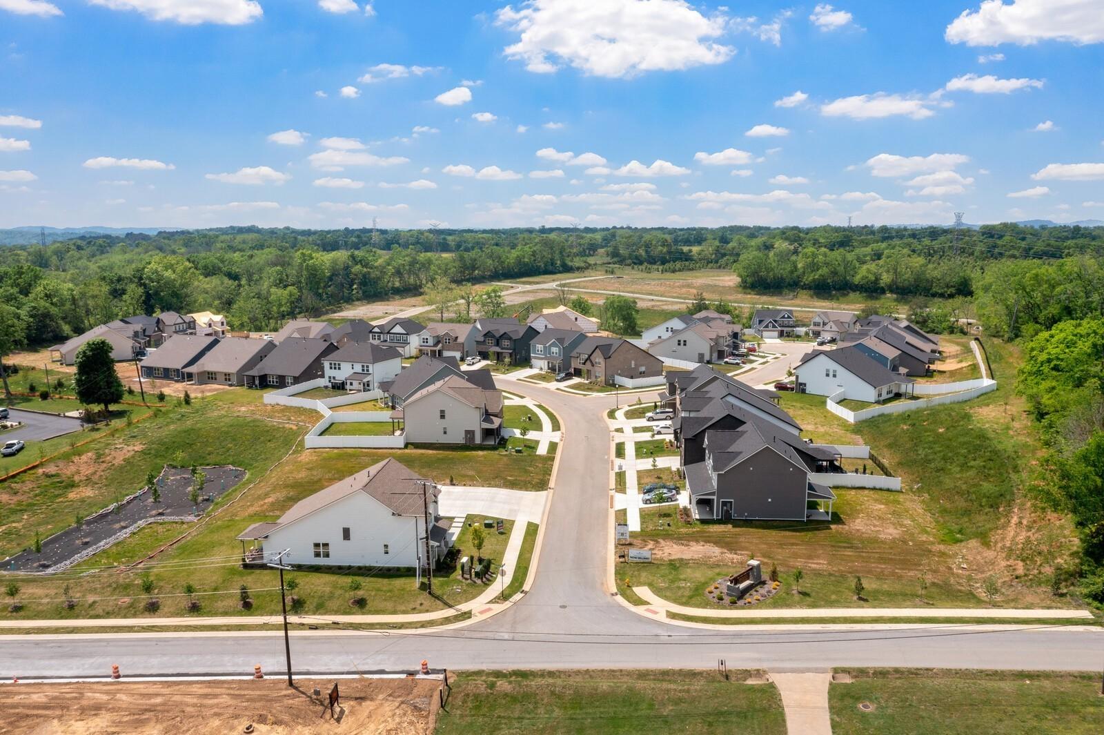 Aerial view of the Woods Crossing community in Gallatin, Tennessee, featuring new Davidson Homes construction.