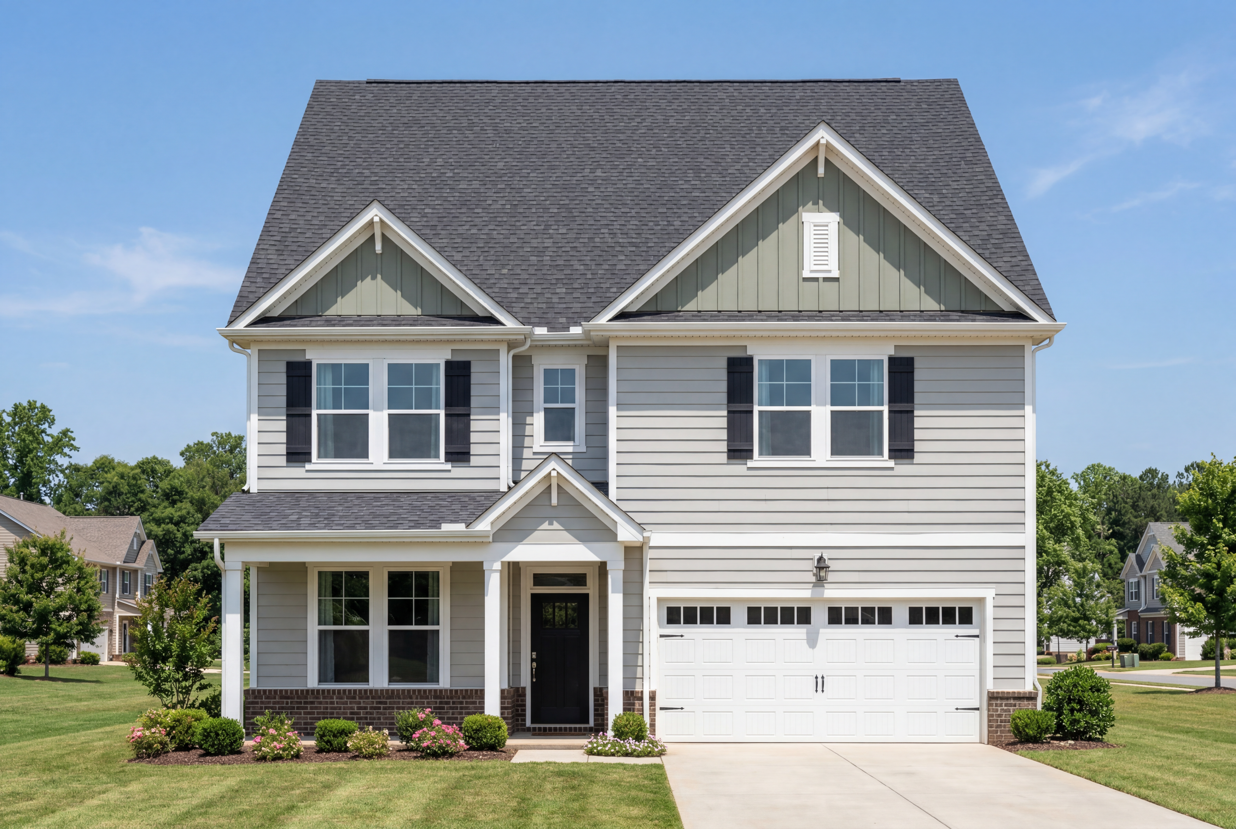 Two-story The Beech A elevation by Davidson Homes: gray siding, gabled roof, front porch, two-car garage, landscaped yard in Belmont NC