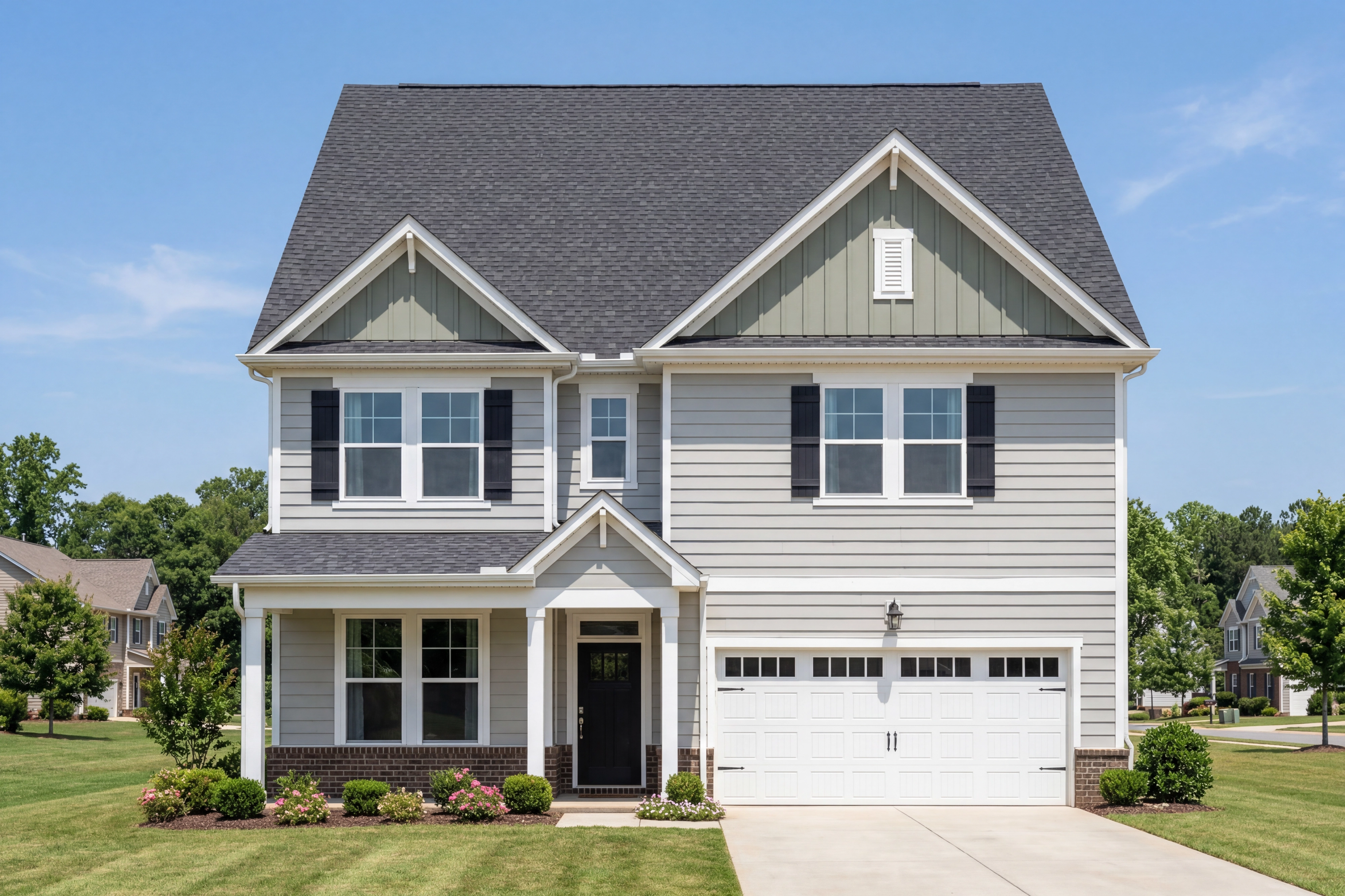 Two-story The Beech A elevation by Davidson Homes: gray siding, gabled roof, front porch, two-car garage, landscaped yard in Belmont NC