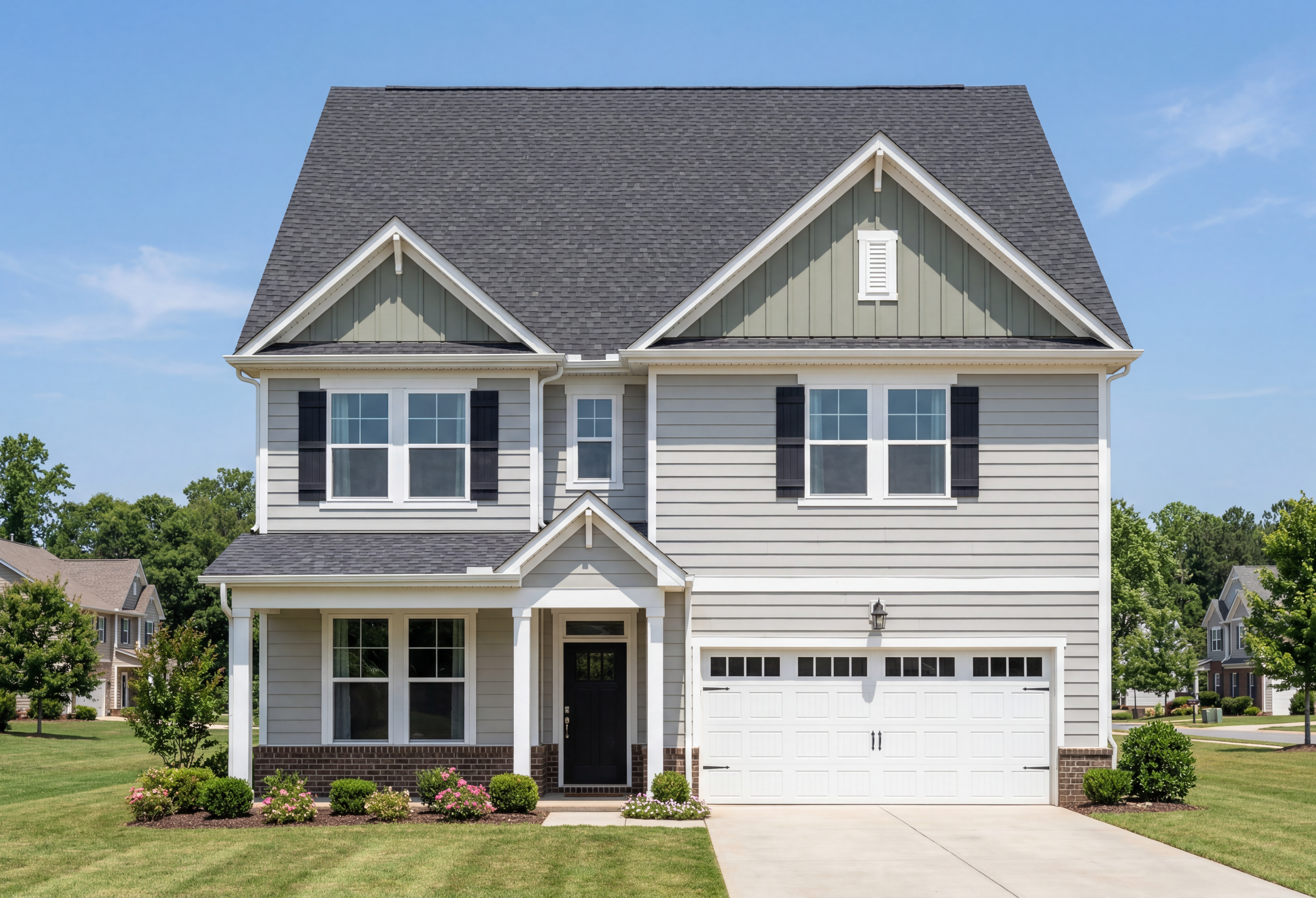 Two-story The Beech A elevation by Davidson Homes: gray siding, gabled roof, front porch, two-car garage, landscaped yard in Belmont NC