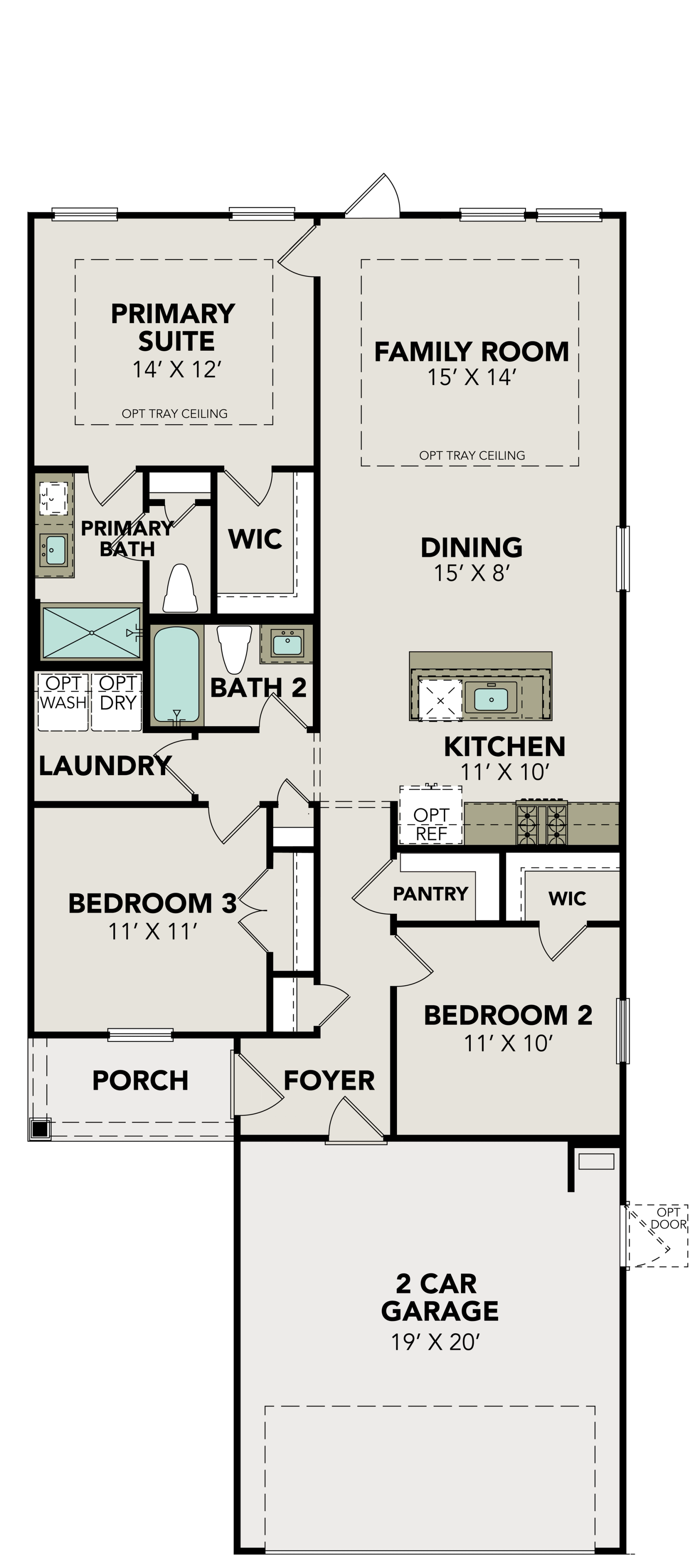 First floor plan of the Comal featuring 3-bedroom layout, open kitchen, family room, primary suite, and 2-car garage
