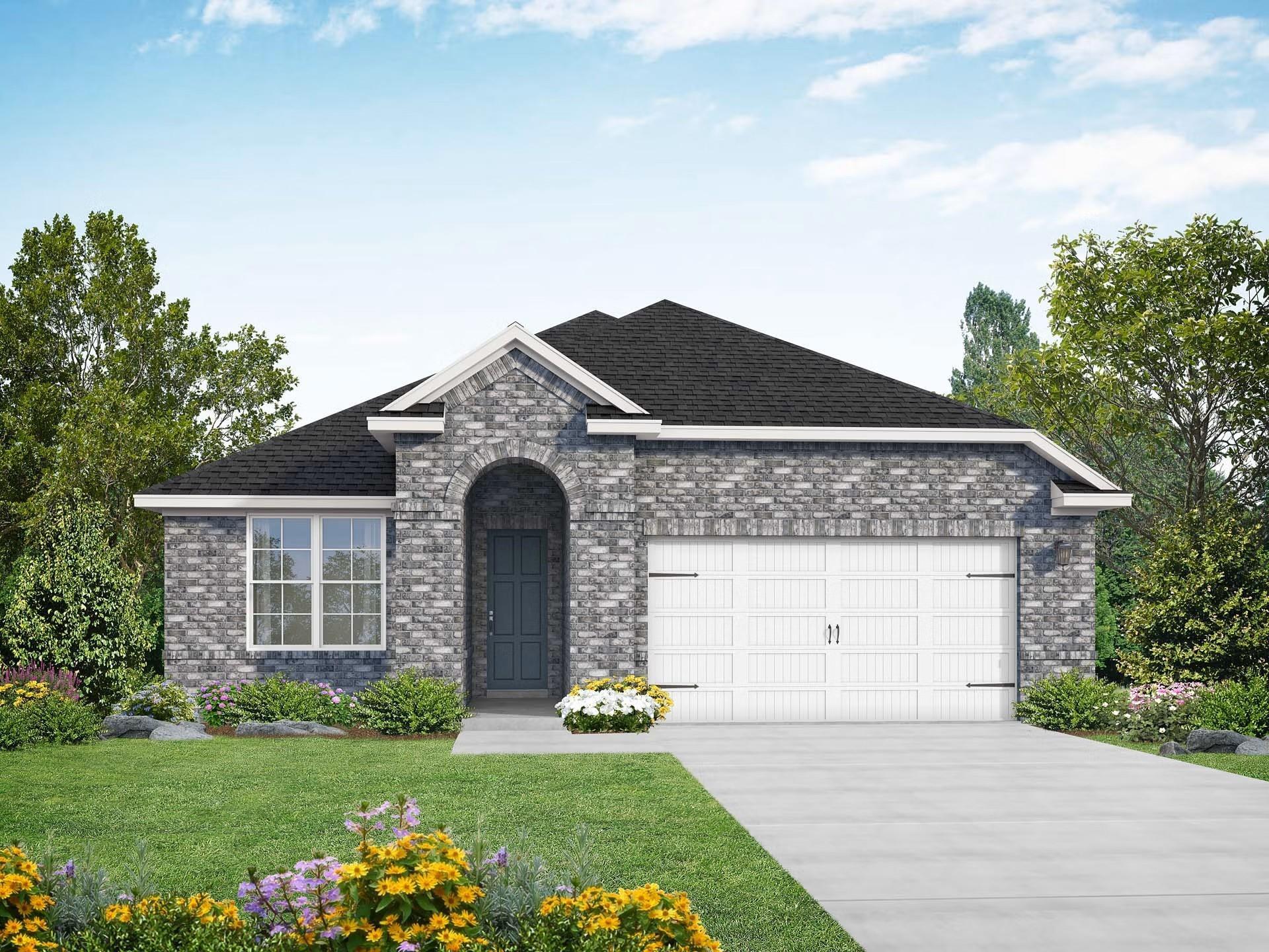 Modern brick single-story home with arched entry, 2-car garage, and landscaped front yard in Windmill Estates, Magnolia, Texas - Davidson Homes Acadia A