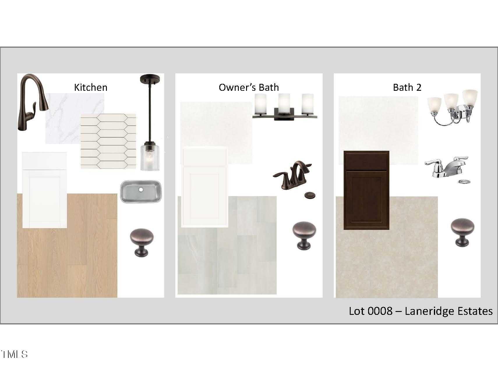 Kitchen and bath design board featuring modern faucets, white subway tiles, pendant lights for Davidson Homes Crawford C in Laneridge Estates, Raleigh