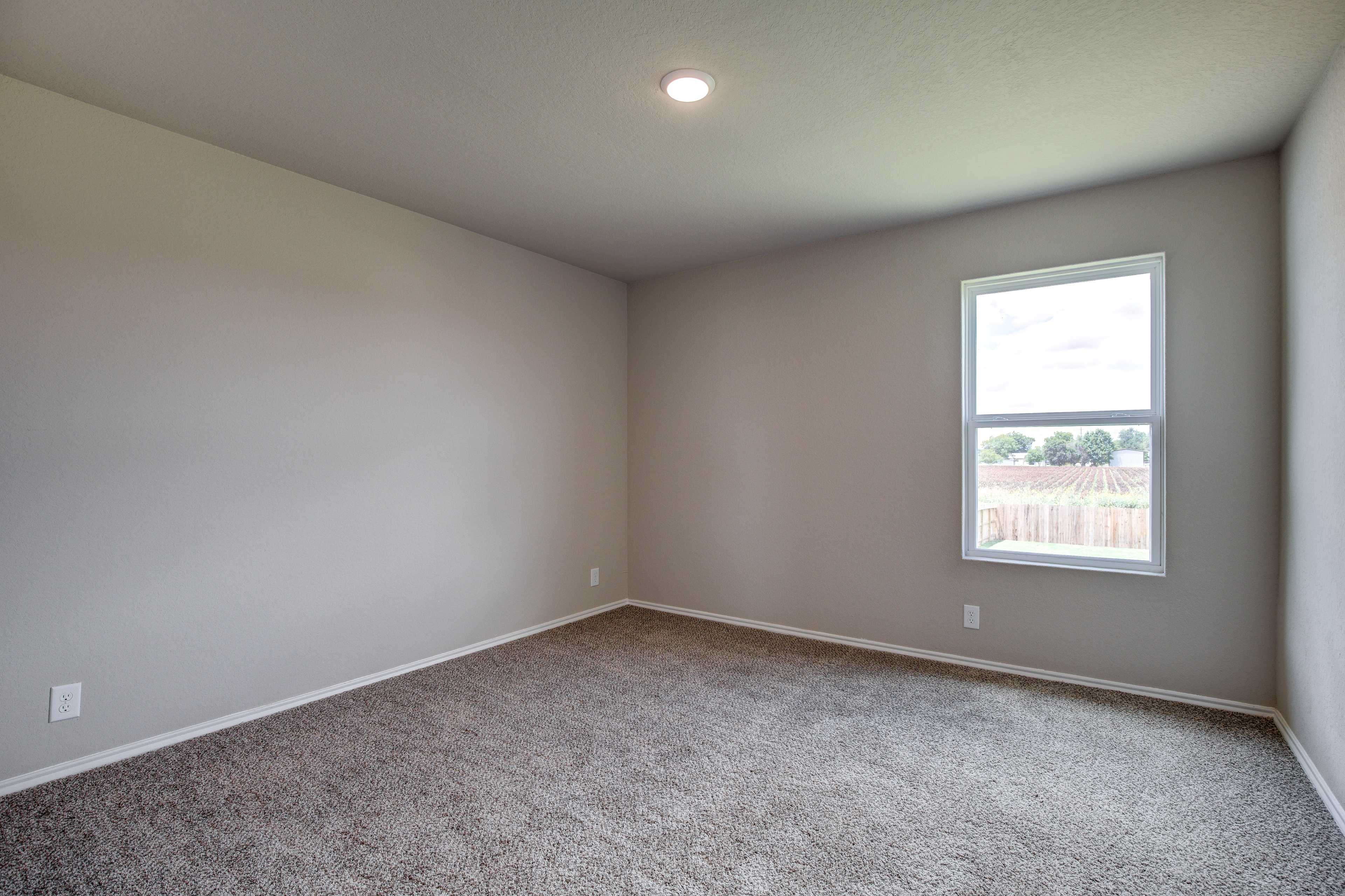 Spacious secondary bedroom in The Murray Davidson Homes design with gray walls, carpeted floor, and large window