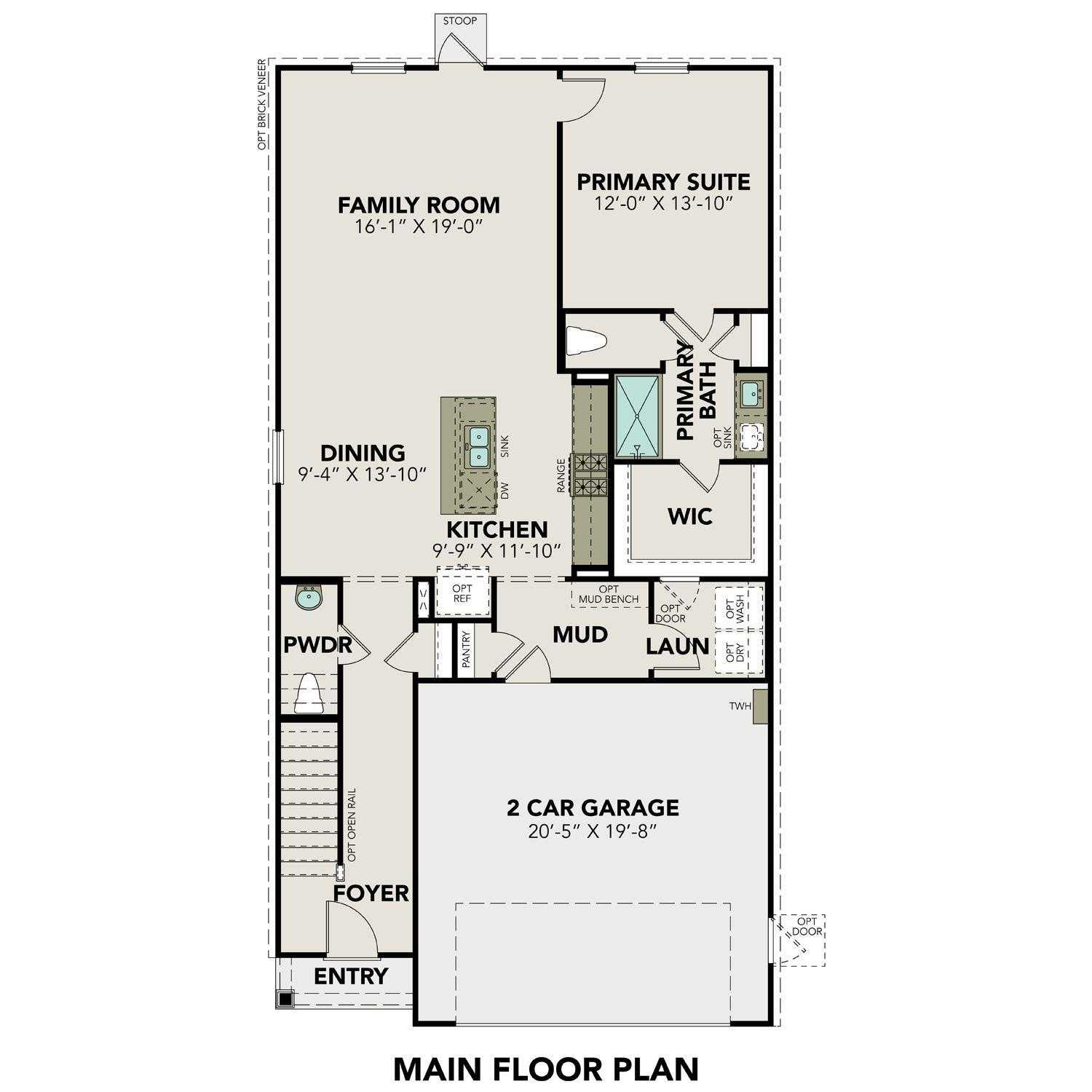 Main floor plan of The Brazos E: open family room, kitchen, dining, primary suite, 2-car garage in Davidson Homes, Cleveland, Texas
