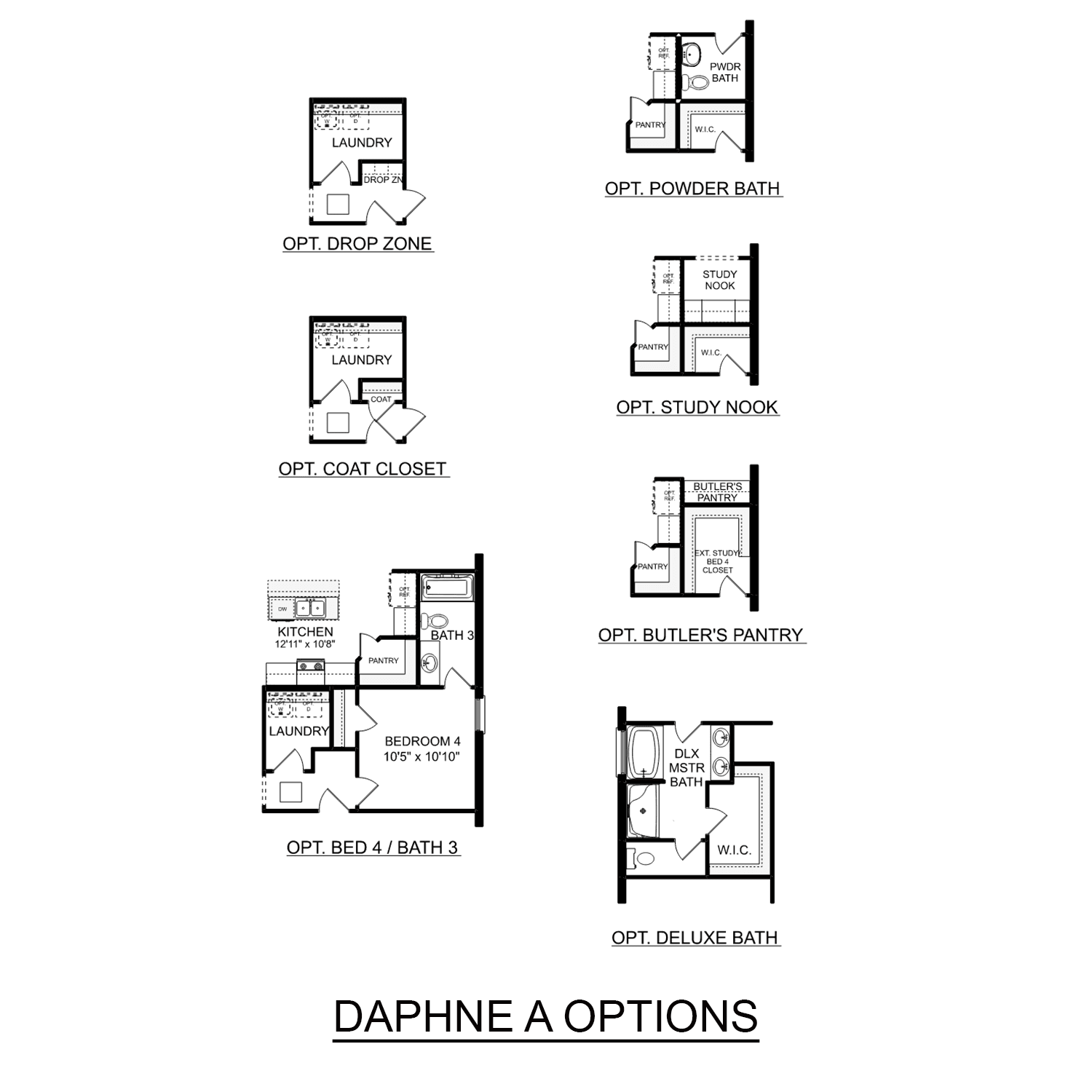 Detailed floor plan of The Daphne 4-bedroom single-family home showcasing master suite, kitchen, and optional study nook