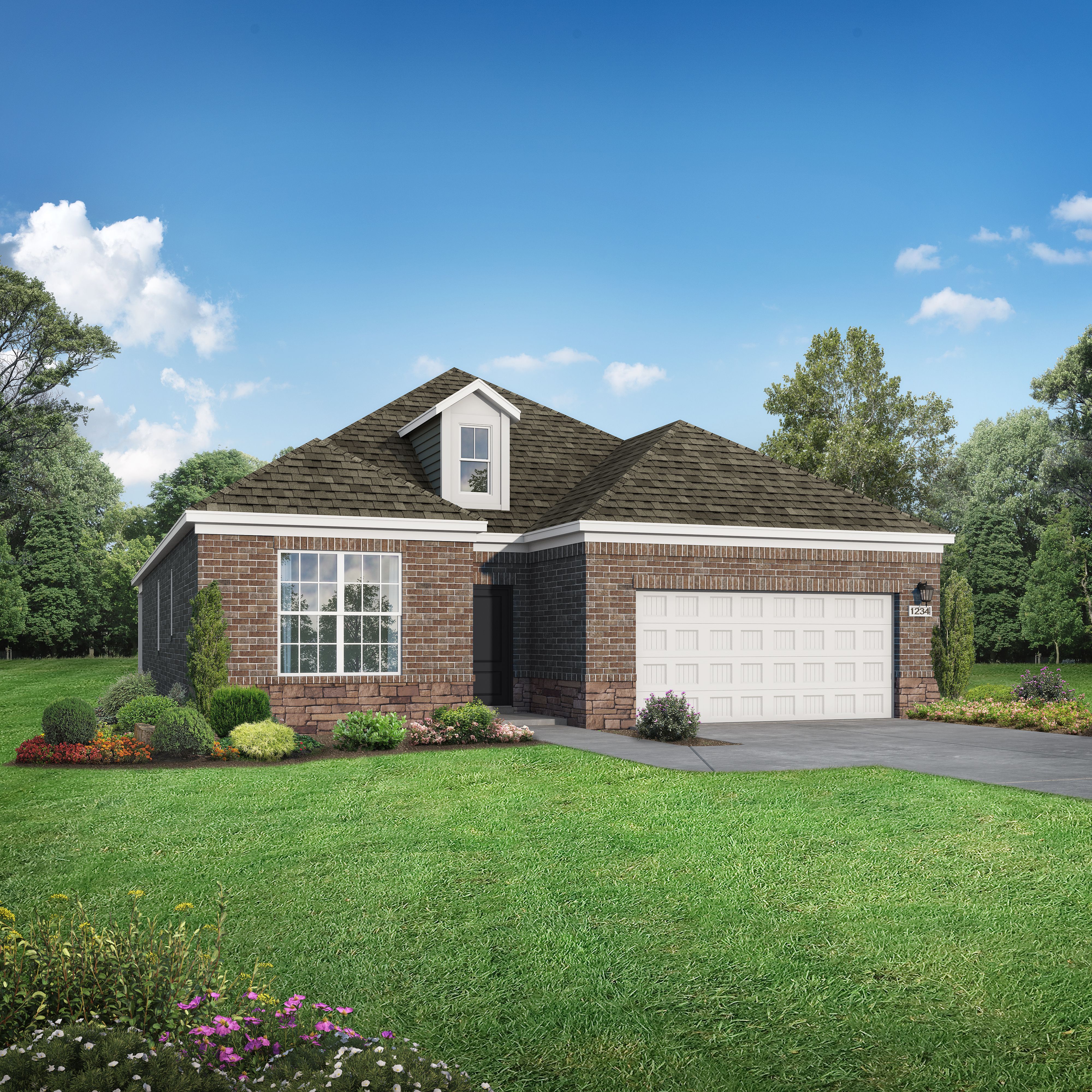 Front elevation of The Holly O one-story home with brick exterior, gabled roof, garage, and landscaped yard in Royse City