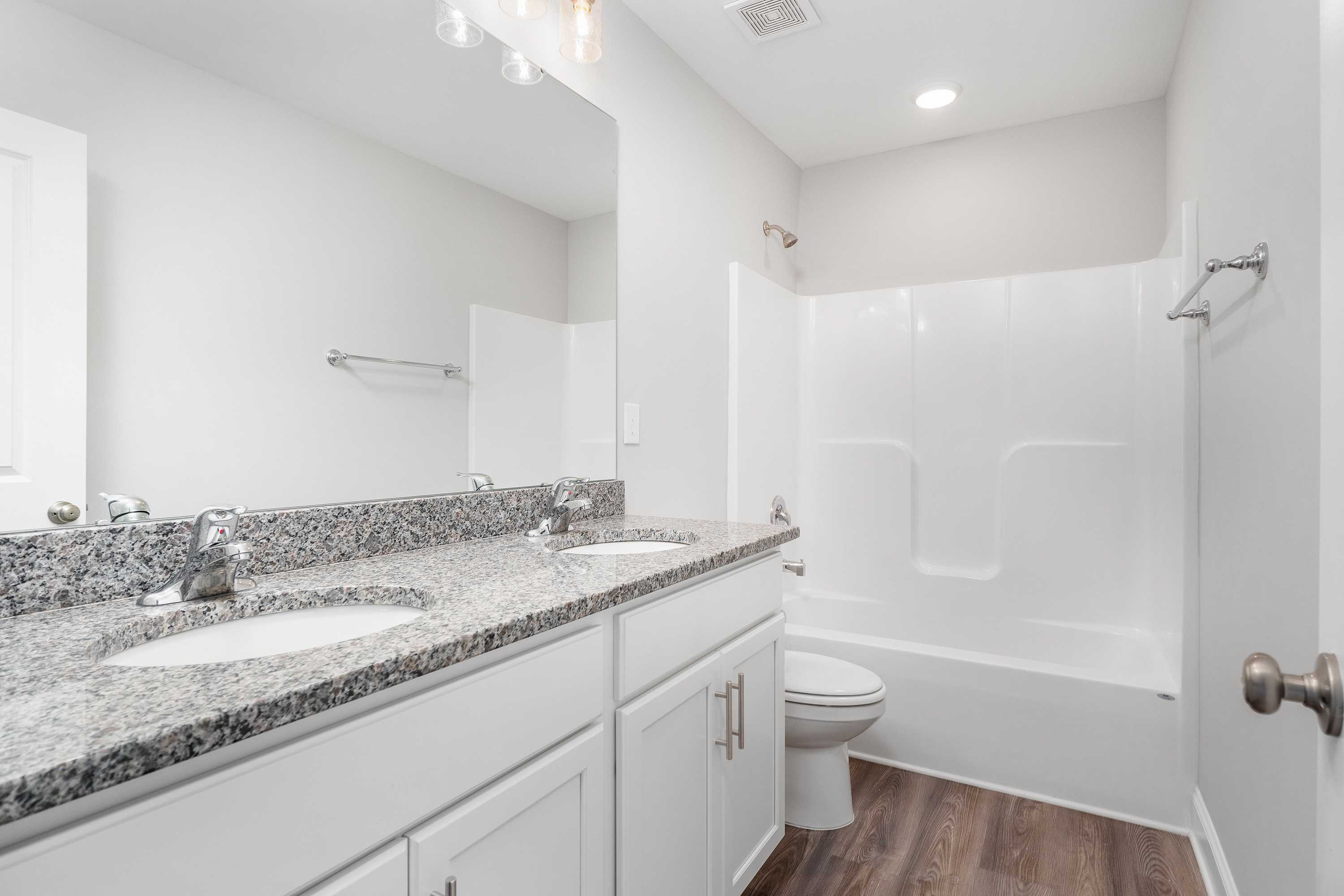 Spacious master bathroom in The Aiken by Davidson Homes featuring double granite vanity, soaking tub, walk-in shower