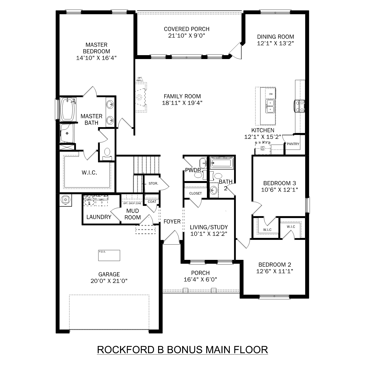 First floor plan of The Rockford B showcasing open family room, gourmet kitchen, dining area, and 2-car garage