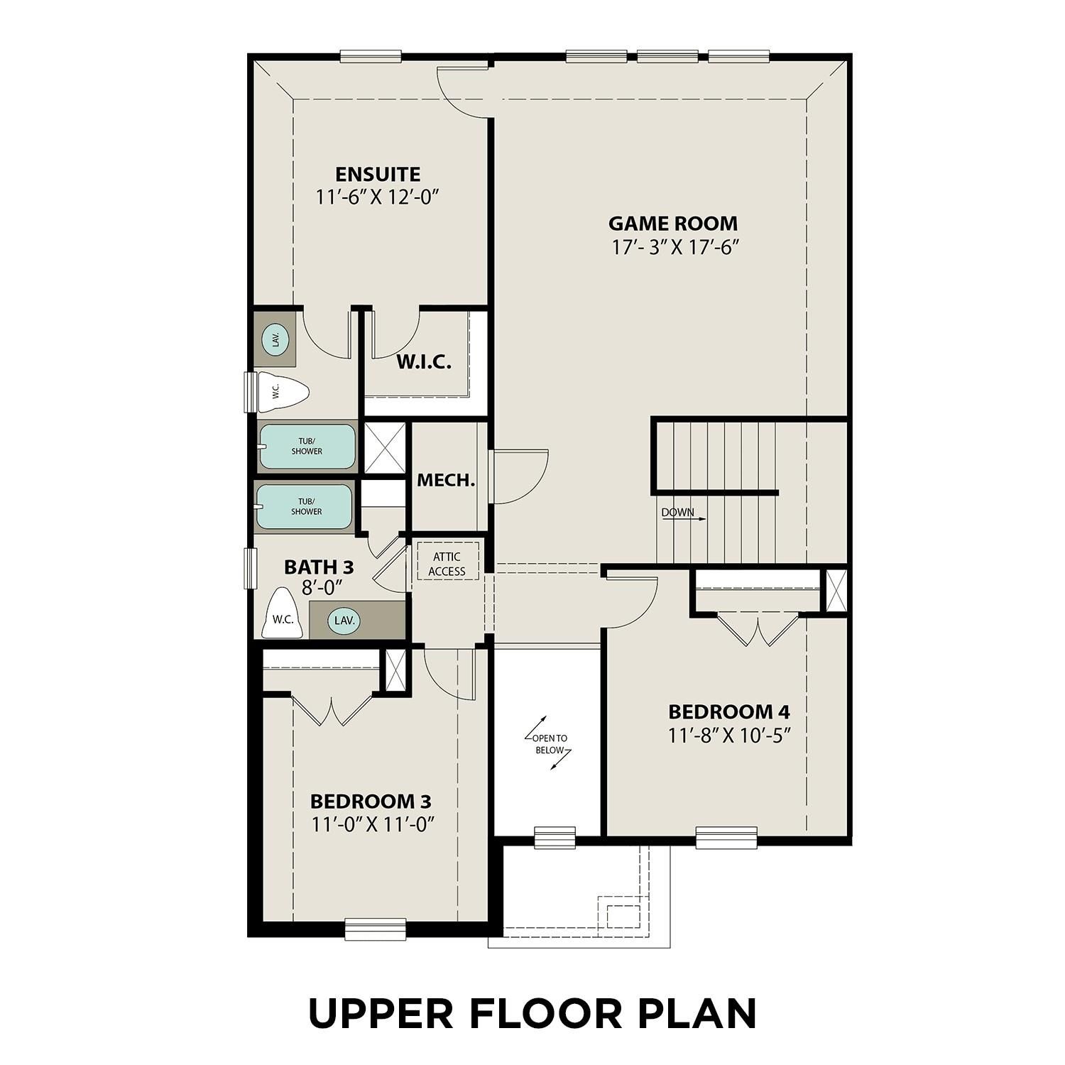 Upper floor plan of The Philip B home with game room, bedroom 4, ensuites, and baths in Sierra Vista, Rosharon, Texas