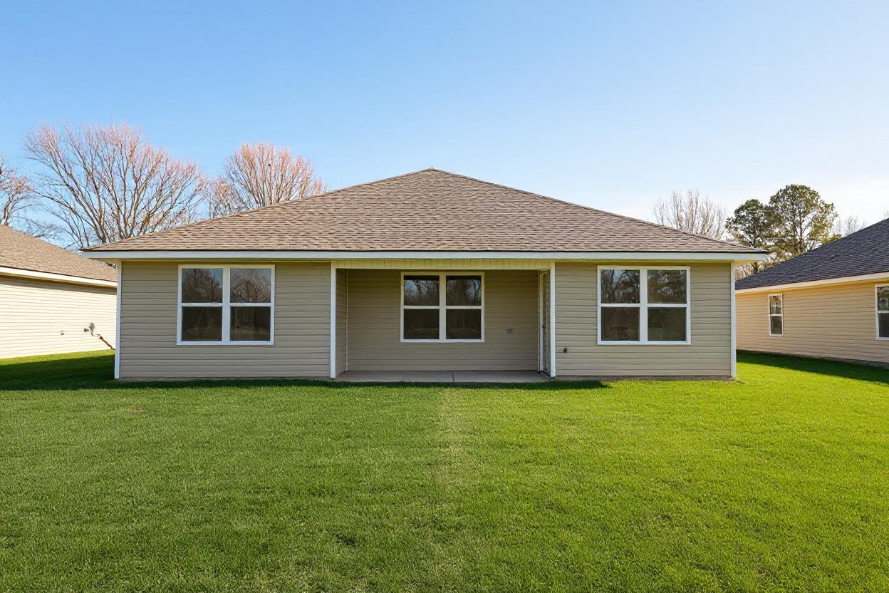 Tan single-story home rear at Chapel Hill in Athens Alabama with covered patio, double windows, and lush green lawn