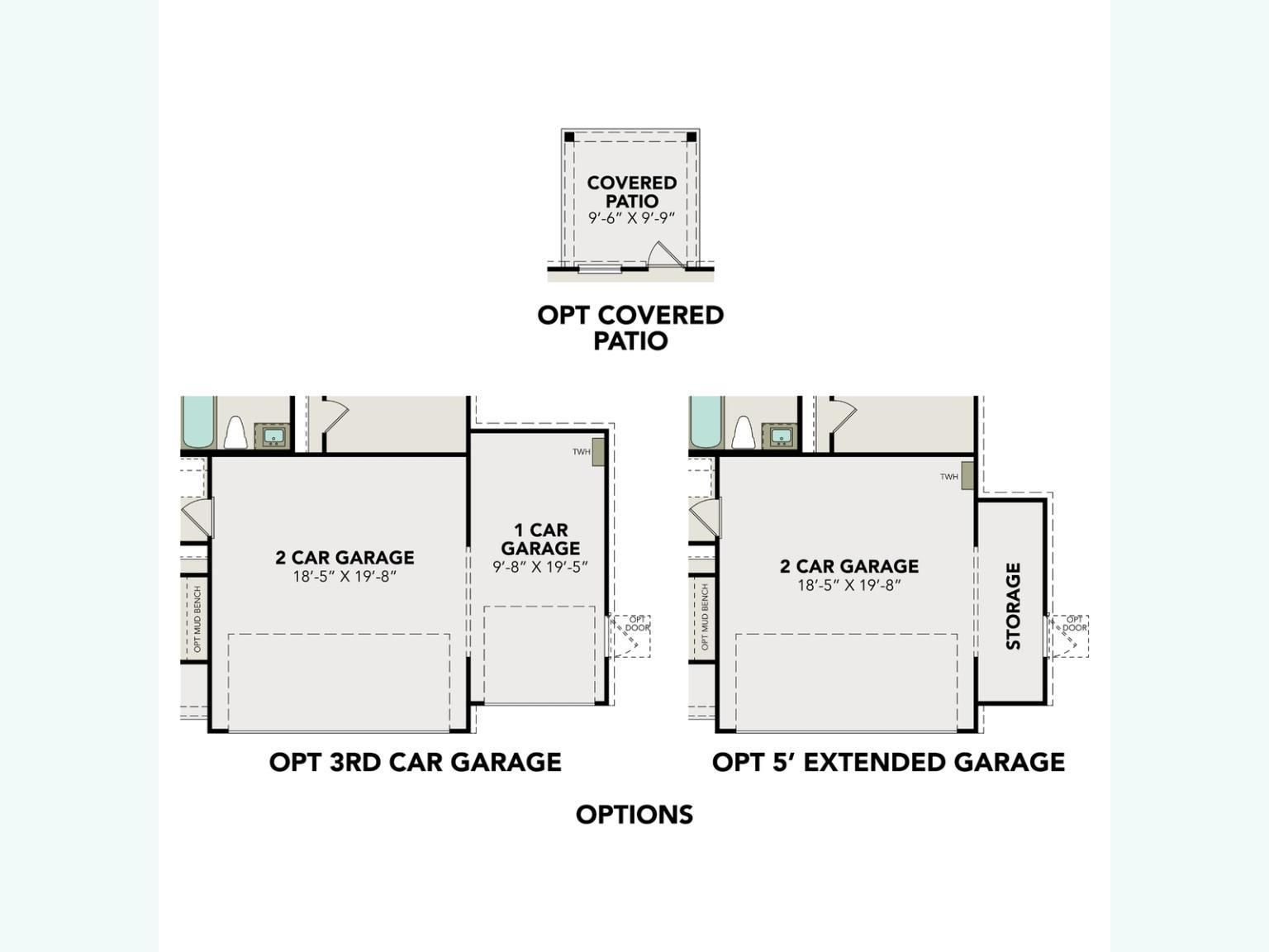 The Frio F floor plan with 3-car garage, optional extended garage and covered patio in 3-bedroom Davidson Homes, Magnolia, Texas