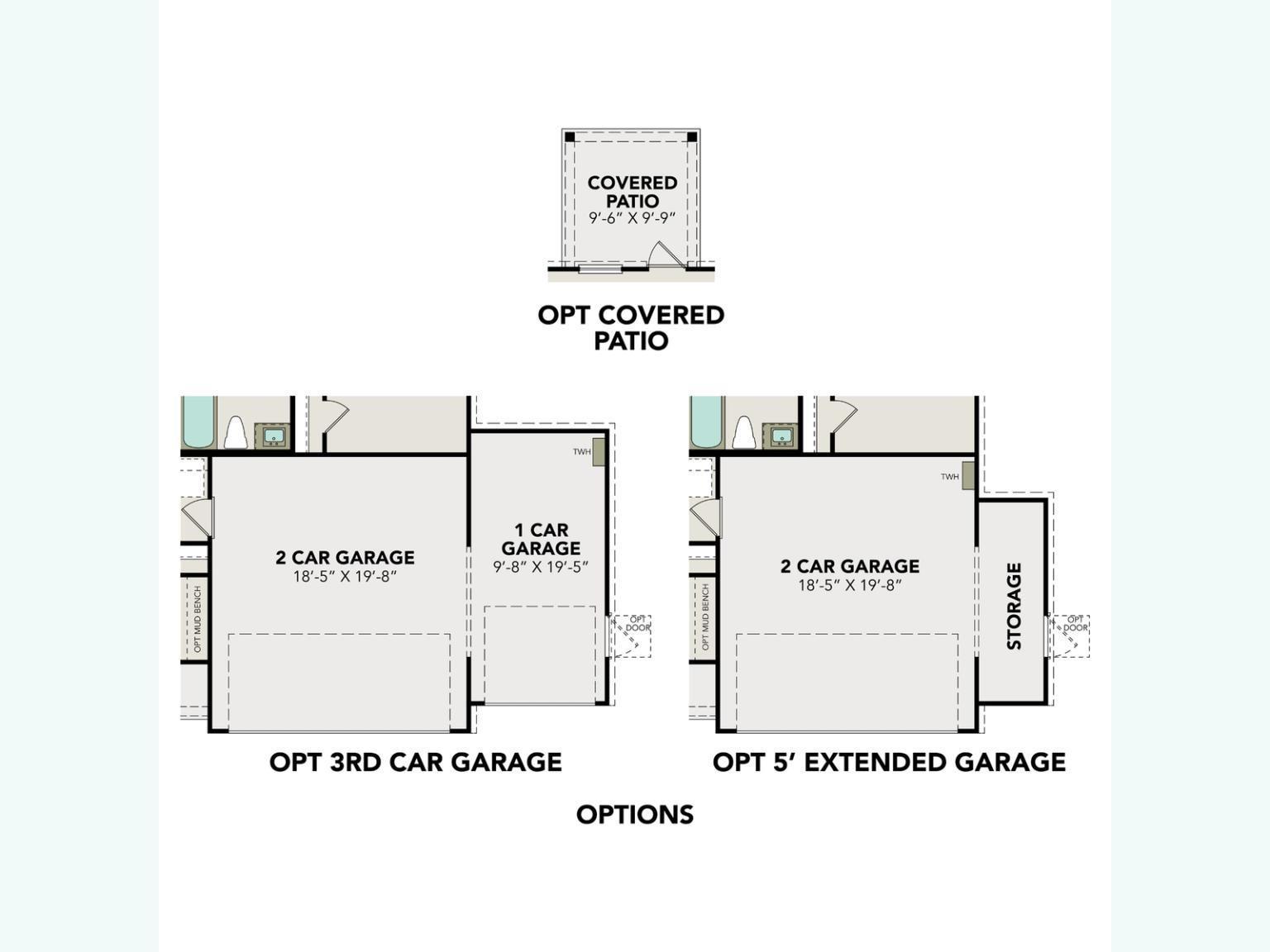 The Frio F floor plan with 3-car garage, optional extended garage and covered patio in 3-bedroom Davidson Homes, Magnolia, Texas