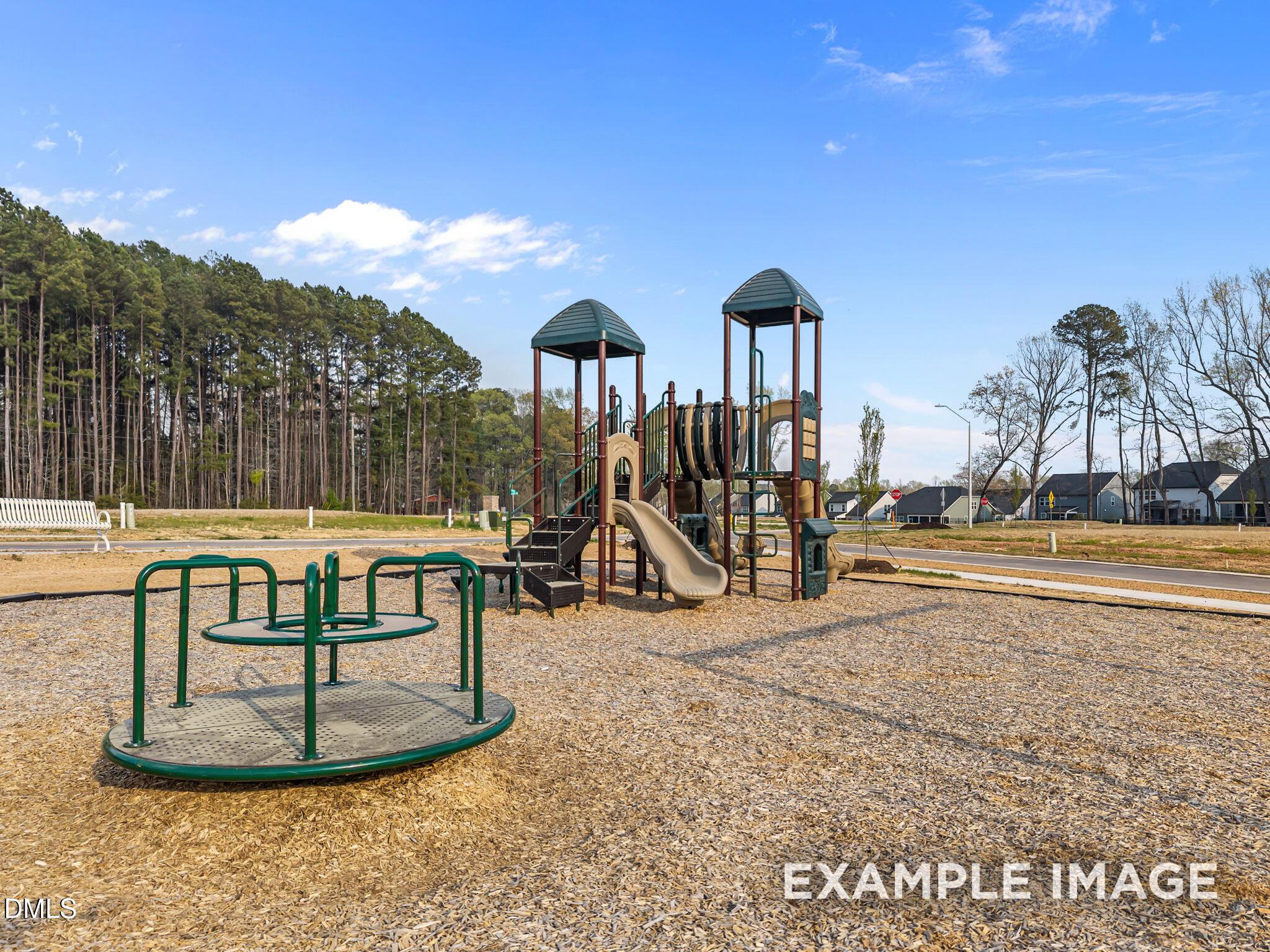 Family-friendly playground with slide, merry-go-round and benches in Camden Park, Knightdale, North Carolina community near Davidson Homes