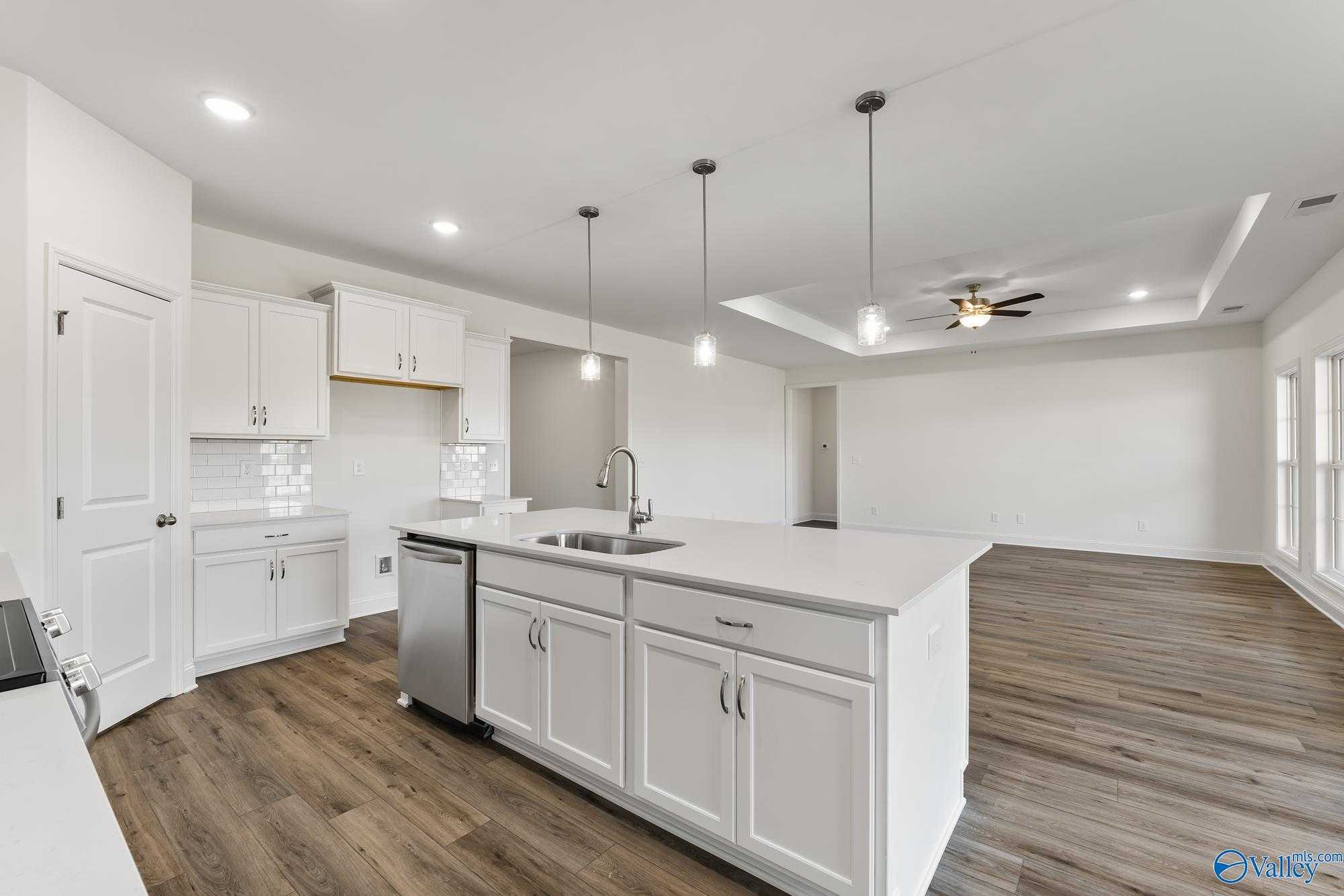 Modern white kitchen with quartz island, stainless sink, dishwasher, open to living room with ceiling fan in Davidson Homes The Harrison, Meridianville AL