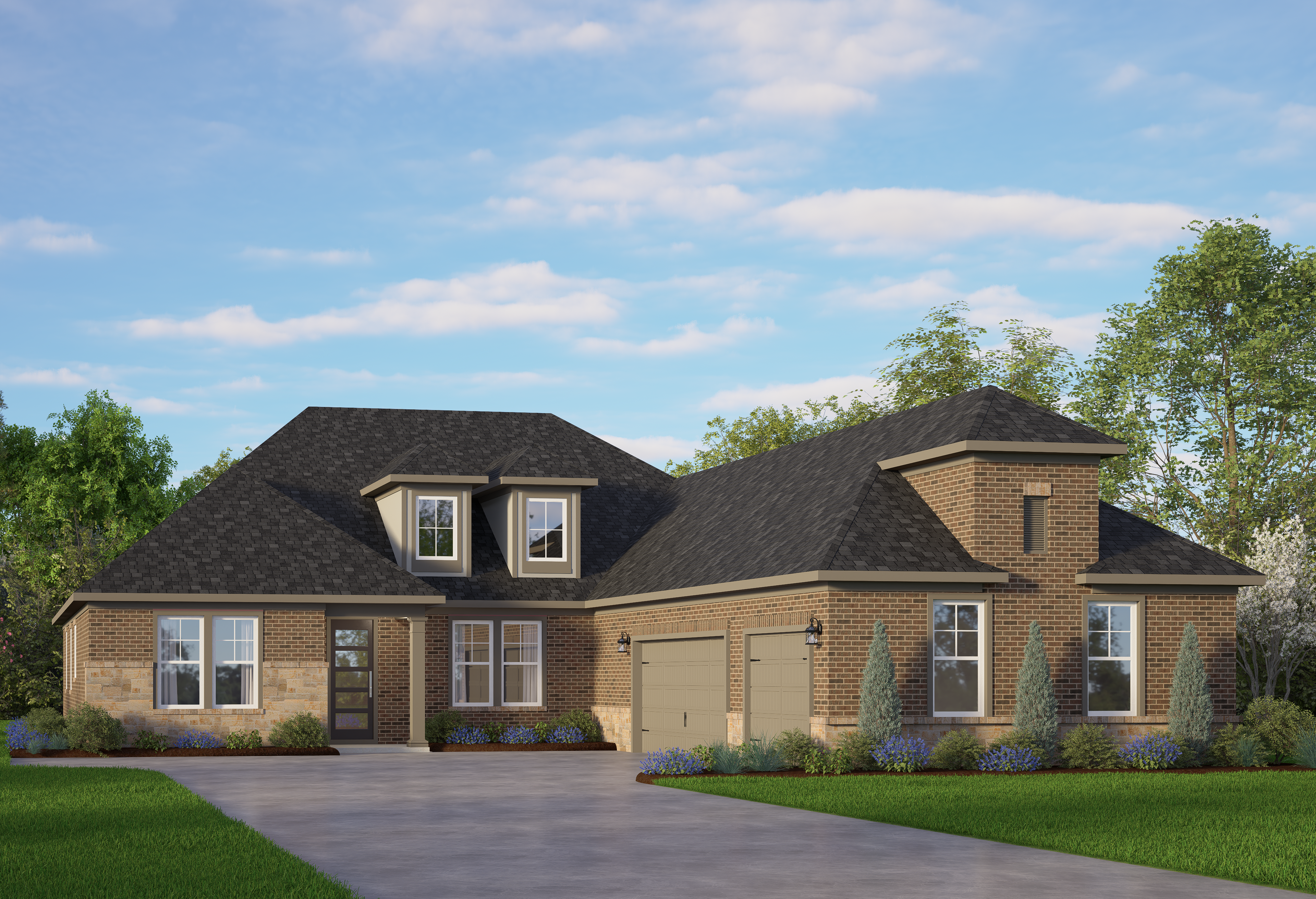 The Oxford single-story home elevation by Davidson Homes: brick and siding facade, 3-car garage, dormer windows, landscaped yard in Castroville TX