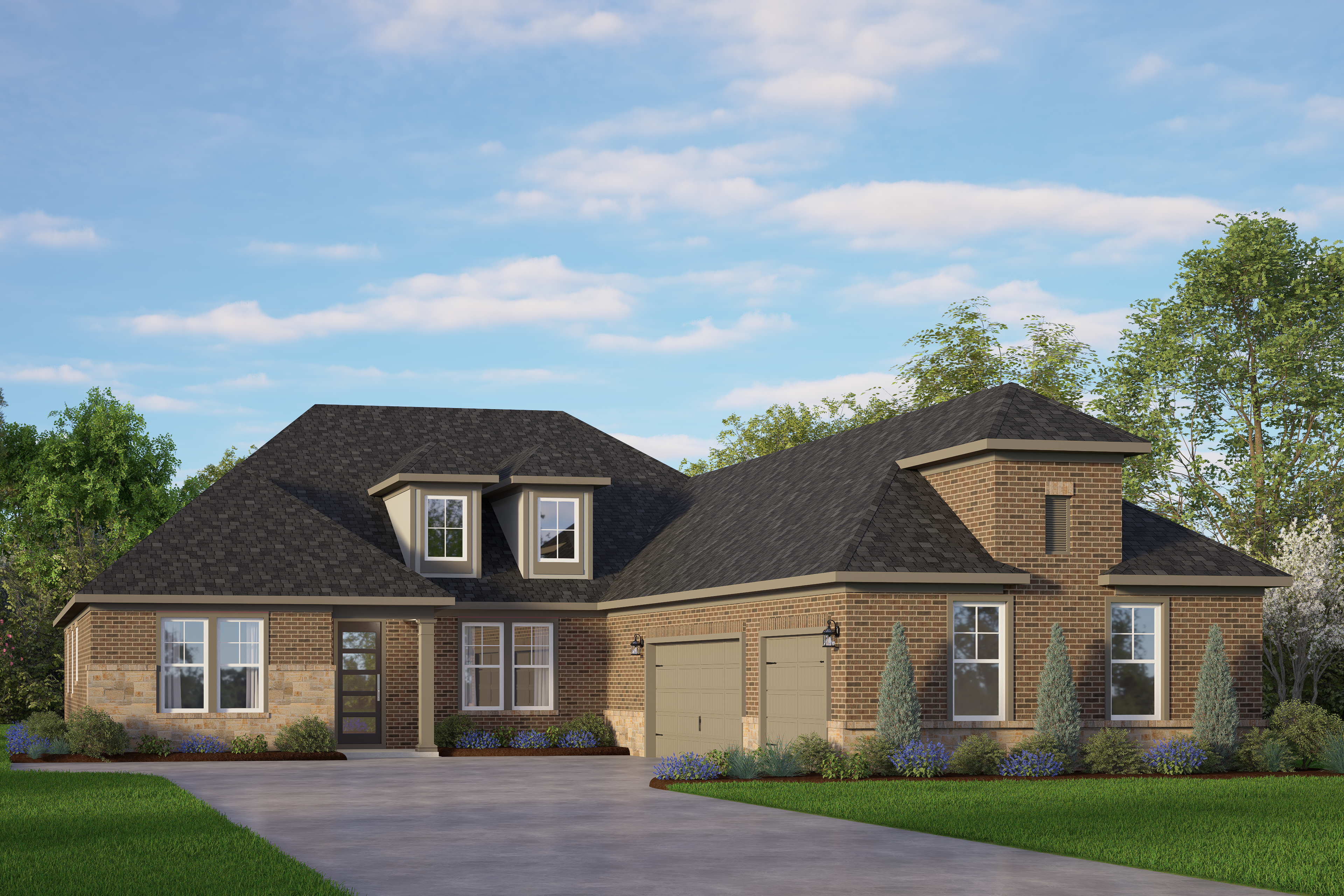 The Oxford single-story home elevation by Davidson Homes: brick and siding facade, 3-car garage, dormer windows, landscaped yard in Castroville TX