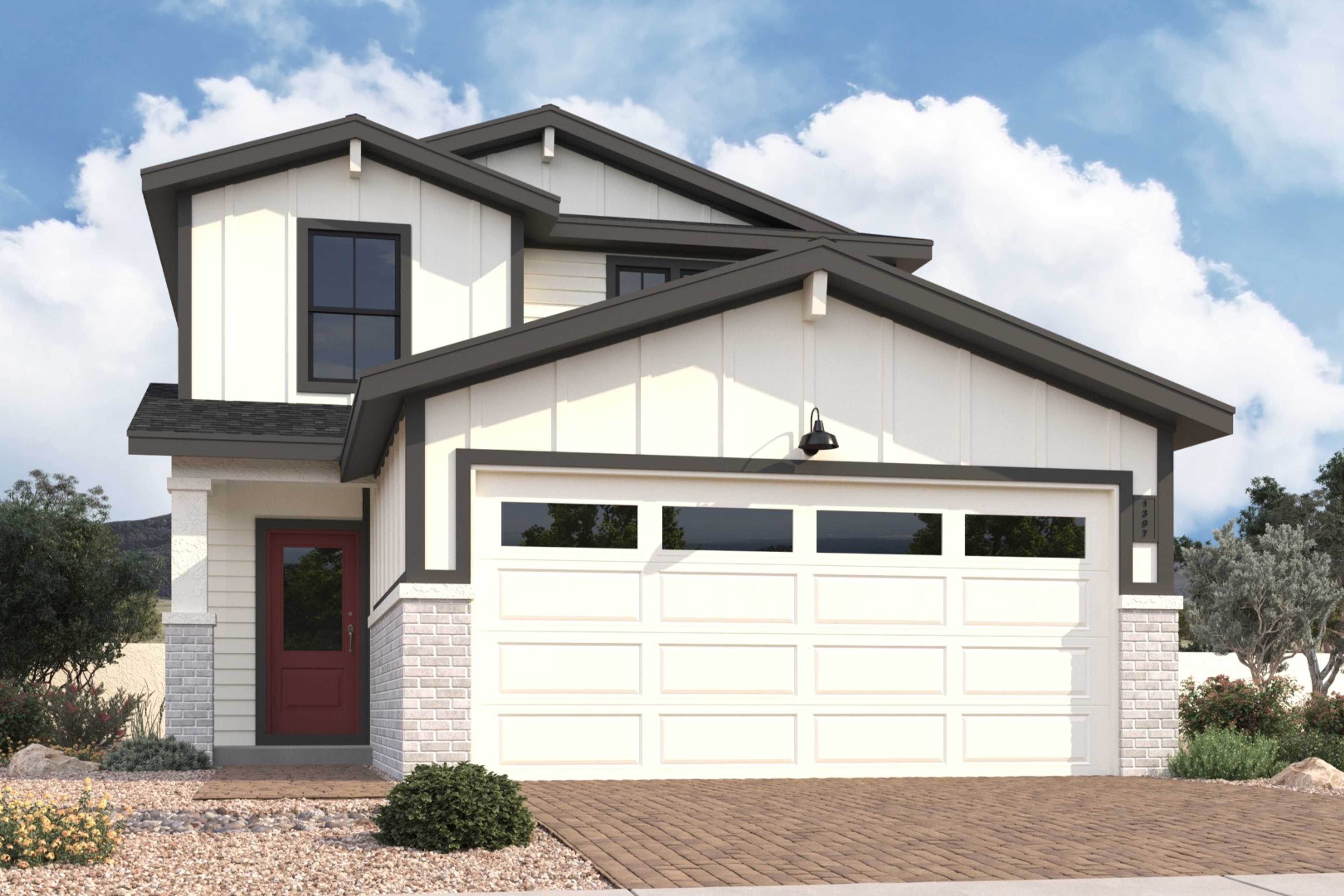 Two-story Wilmington home elevation by Davidson Homes: white siding, black trim, red door, two-car garage, desert landscaping in Prescott, AZ