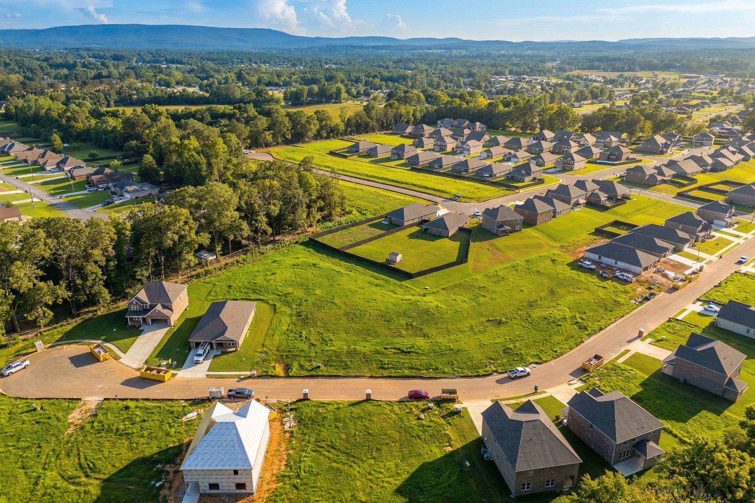 Aerial view of Creek Grove neighborhood in New Market Alabama featuring new Davidson Homes construction sites wooded hills and dirt lots