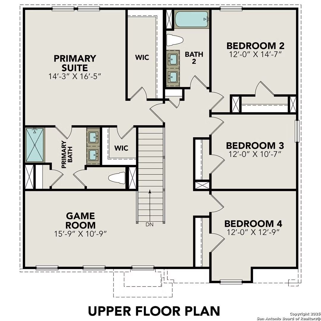 Upper floor plan of The Murray K: primary suite with bath, bedrooms 2-4, game room, baths in 4-bed Davidson Homes, San Antonio