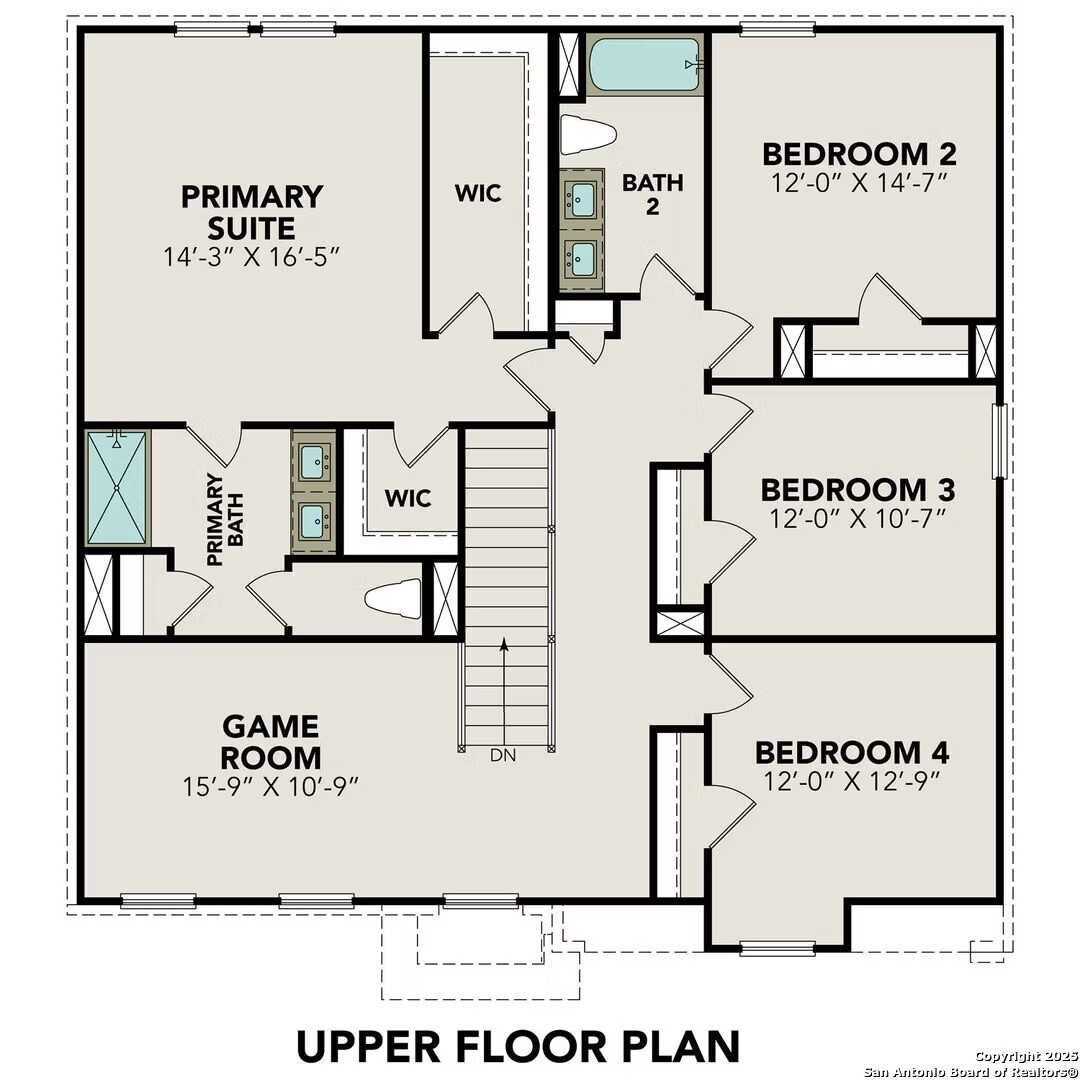 Upper floor plan of The Murray K: primary suite with bath, bedrooms 2-4, game room, baths in 4-bed Davidson Homes, San Antonio