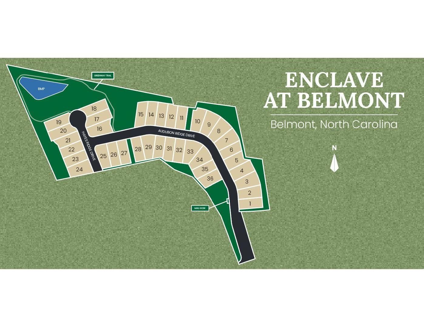 Enclave at Belmont site plan map, Belmont NC, featuring numbered residential lots, pond, roads, and green spaces