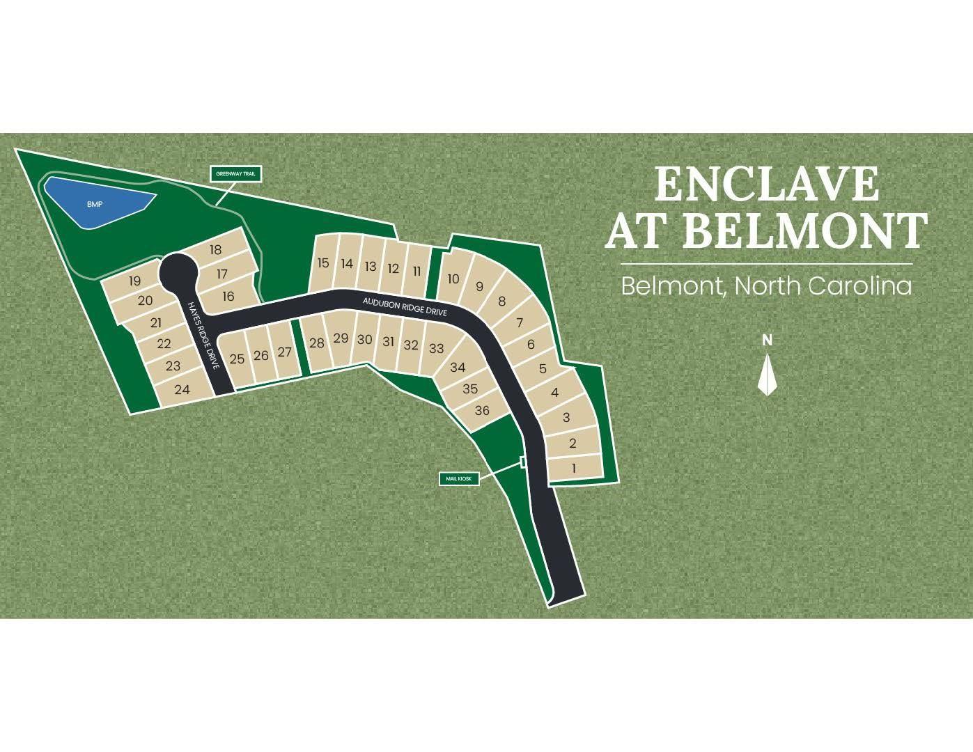 Enclave at Belmont site plan map, Belmont NC, featuring numbered residential lots, pond, roads, and green spaces