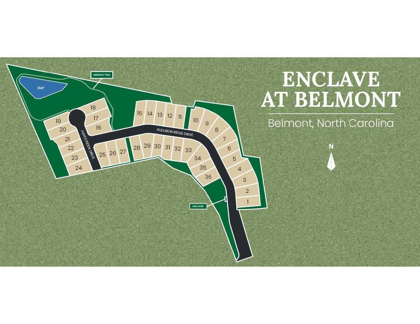 Enclave at Belmont site plan map, Belmont North Carolina, showing numbered lots, pond, and green spaces
