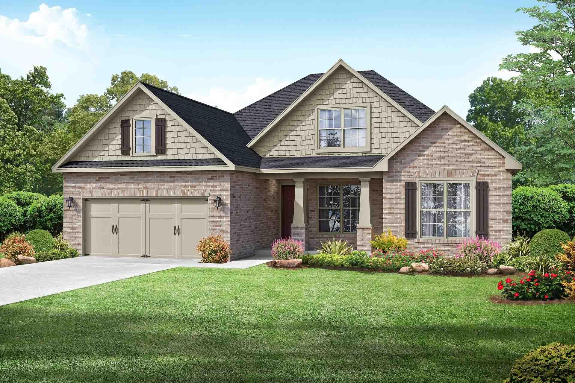 The Rockford B two-story craftsman home elevation with brick and siding exterior, two-car garage, covered porch, and landscaped yard