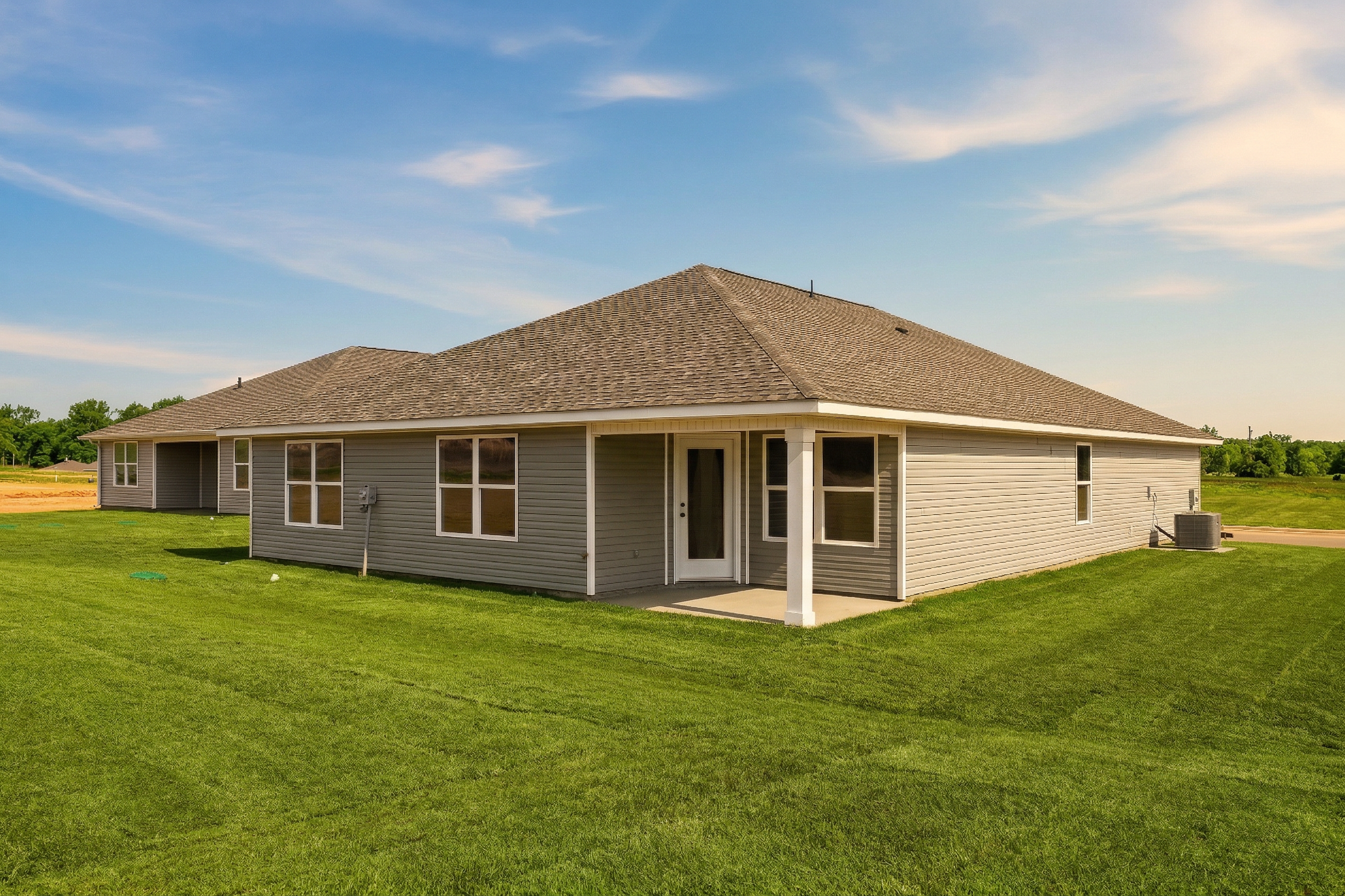 Side elevation of The Daphne V single-story home featuring gray siding, gabled roof, covered porch, and green lawn