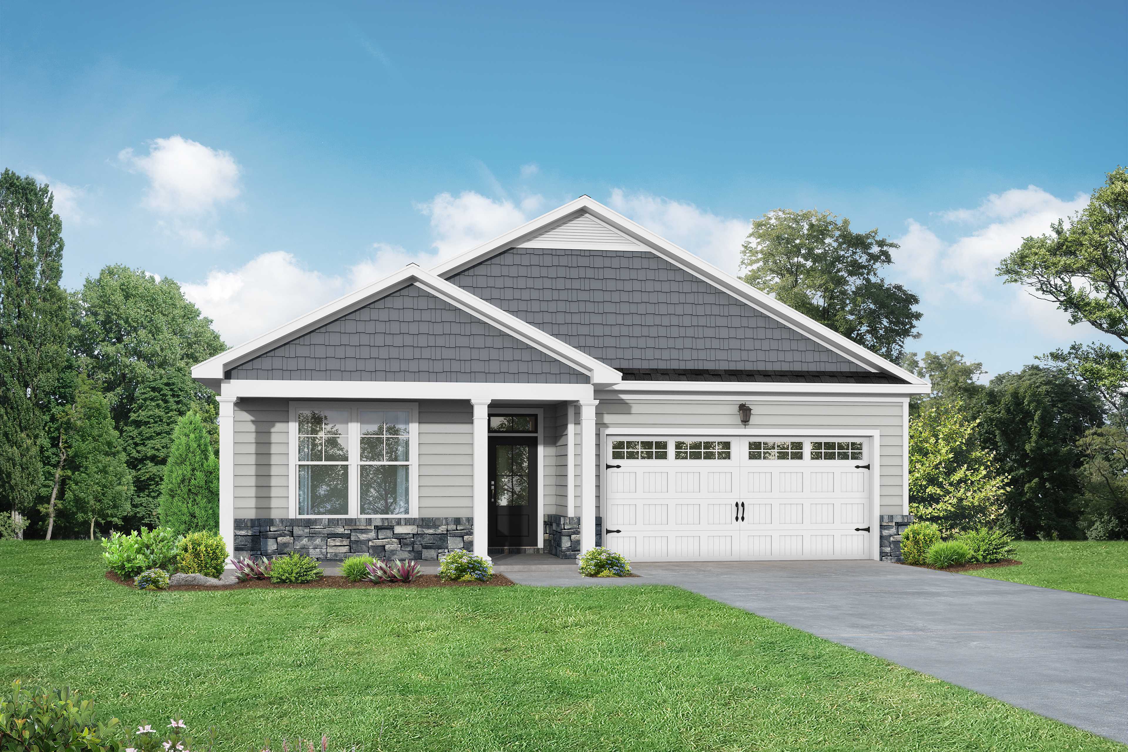 Single-story The Franklin D elevation featuring gray shingled roof, stone accents, siding exterior, white 2-car garage, and lush landscaped yard