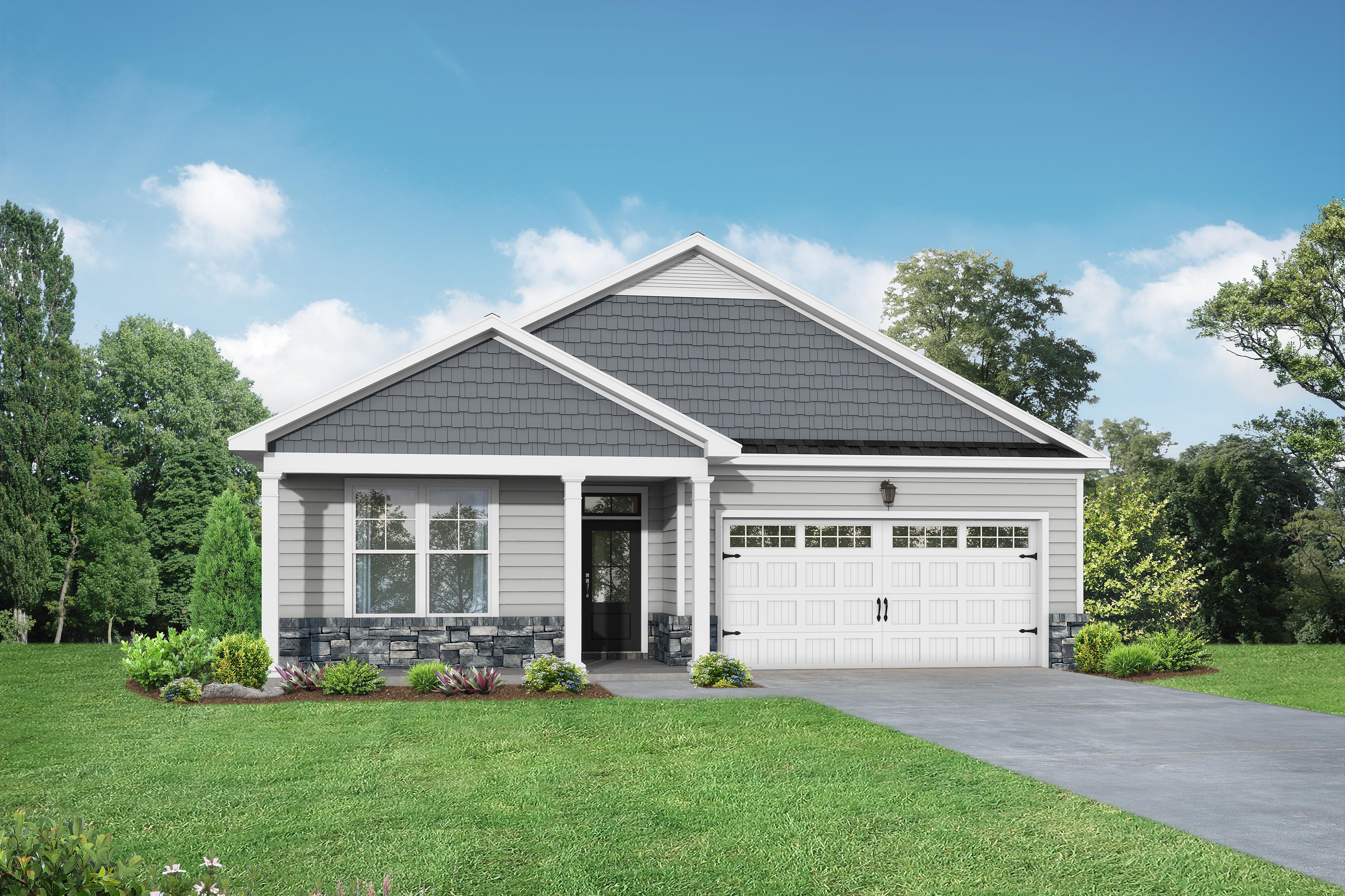 Single-story The Franklin D elevation featuring gray shingled roof, stone accents, siding exterior, white 2-car garage, and lush landscaped yard