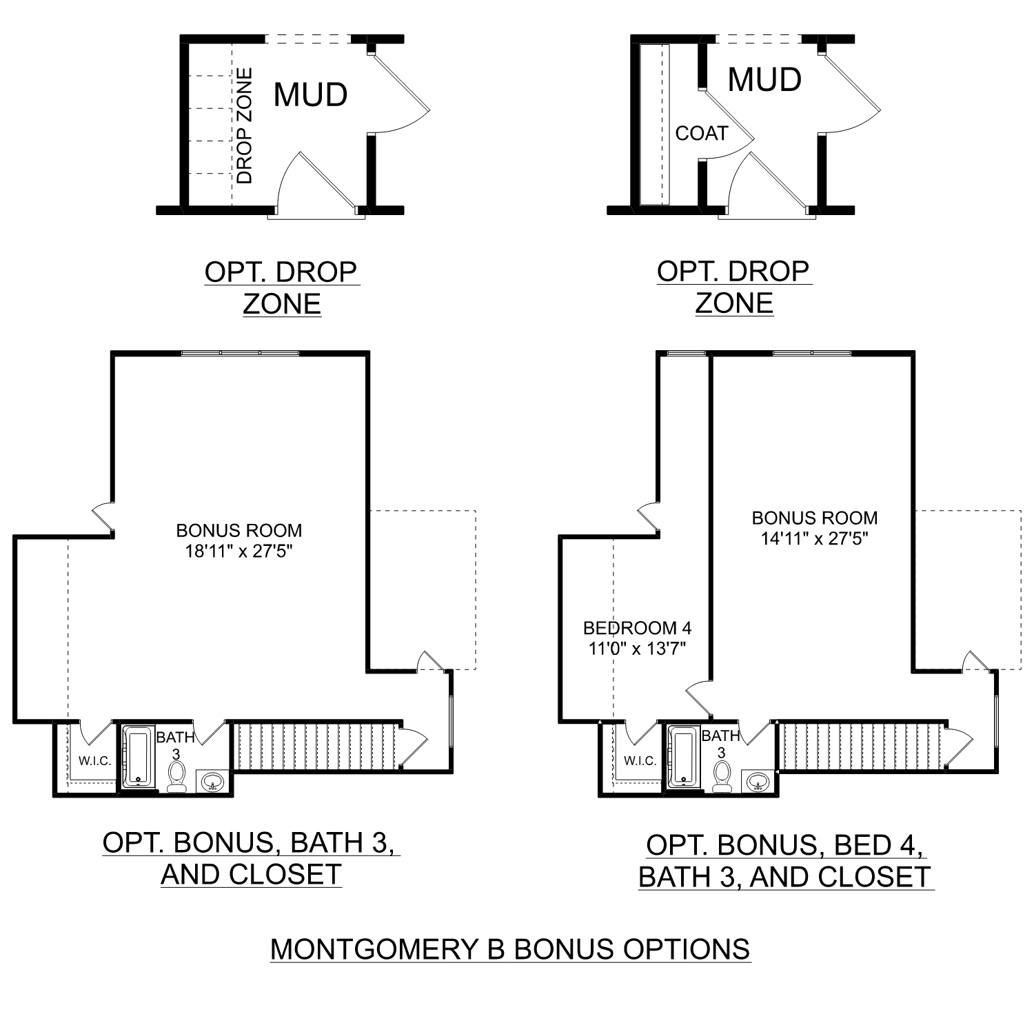 Upper floor plans for The Montgomery B showcasing optional bonus room, Bath 3, closet, and Bedroom 4 layout options