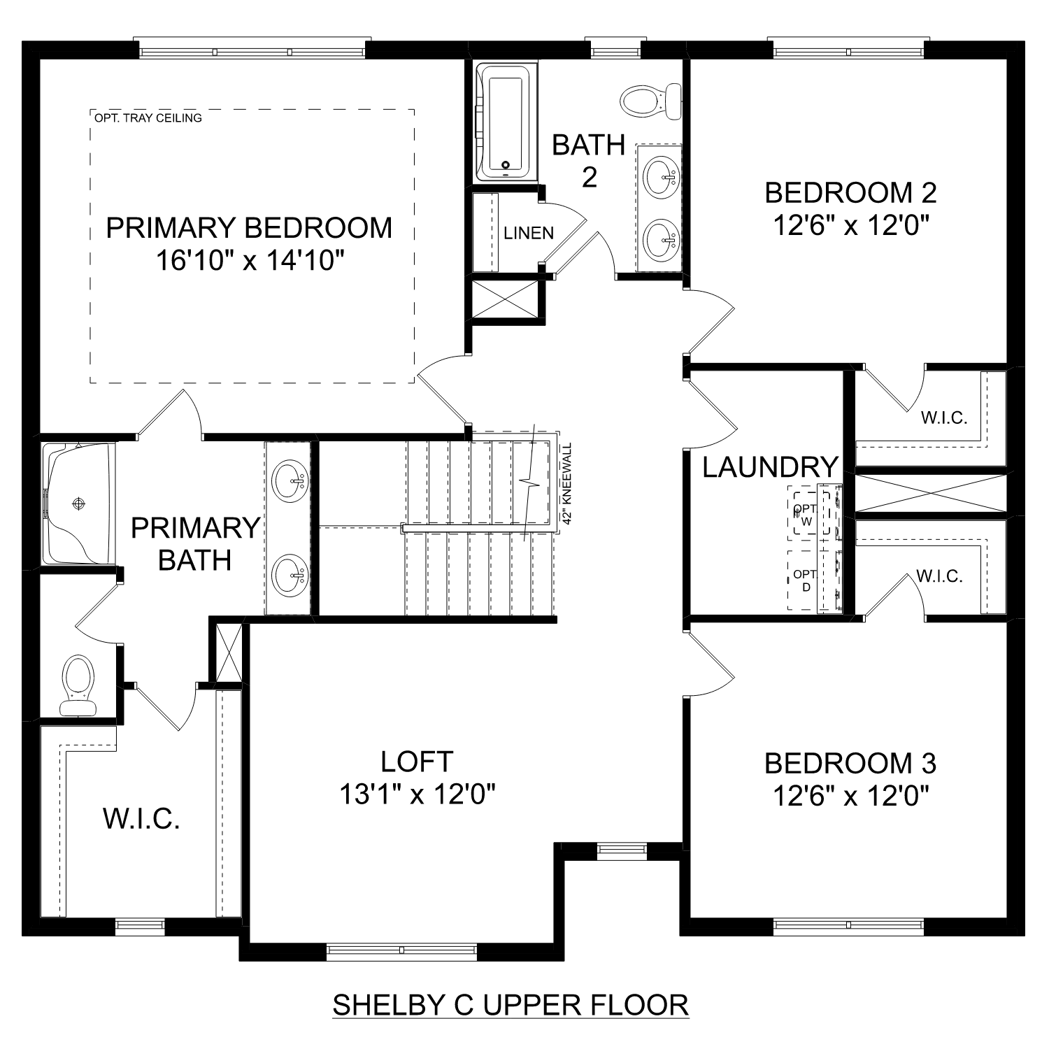 Upper level floor plan of The Shelby C showcasing primary suite, loft, three bedrooms, baths, and laundry in Davidson Homes design