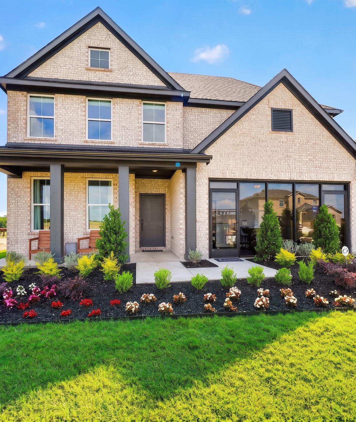 Davidson Homes exterior featuring brick and stone facade at The Parks at Foster Crossing in Anna, Texas.