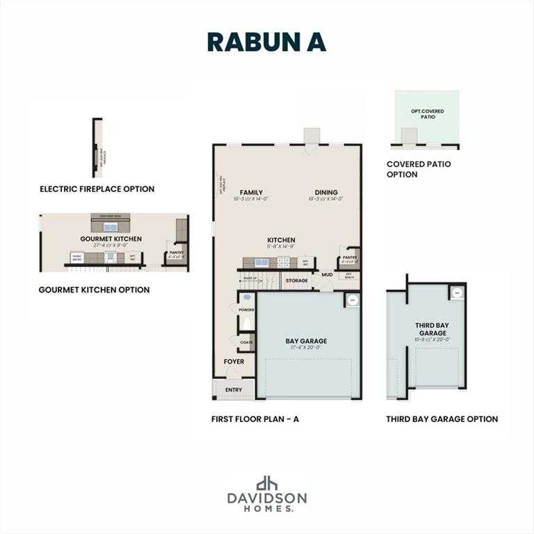 Rabun A first floor plan by Davidson Homes: gourmet kitchen, family room, dining area, 2-bay garage, covered patio in Cedar Farms, Winder, GA