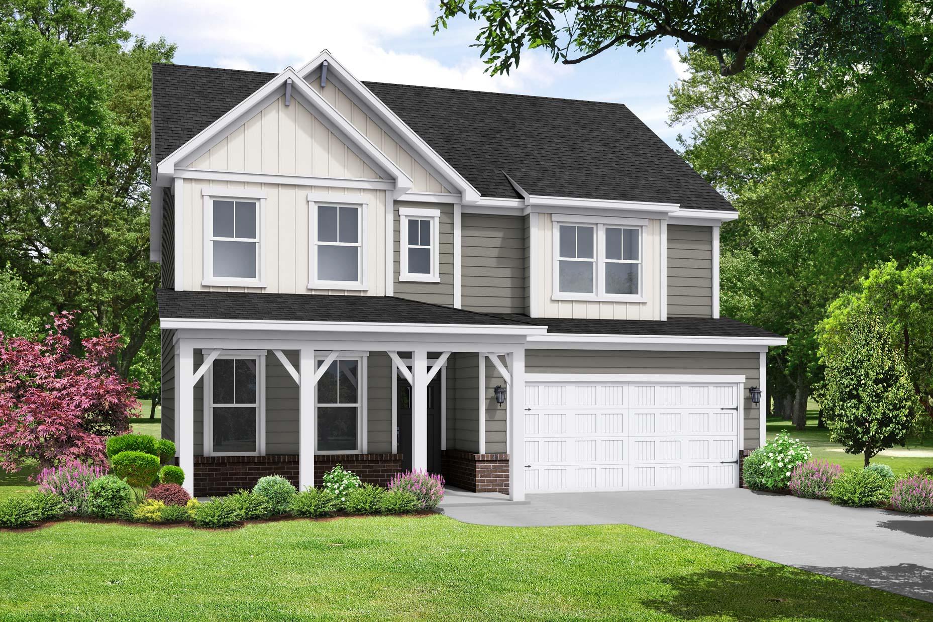Two-story Chestnut B home elevation by Davidson Homes with white-gray siding, black roof, covered porch, 2-car garage, and landscaped yard in Wendell, NC