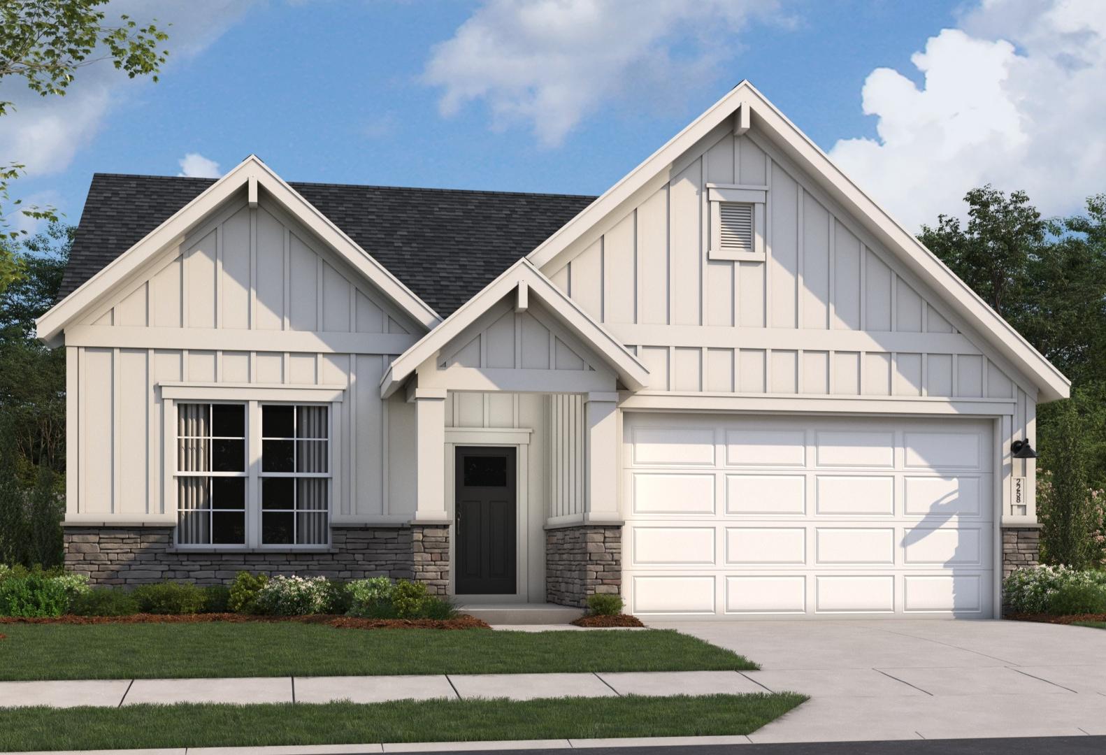 Modern farmhouse elevation of The Orion by Evermore Homes, white siding, gabled roof, 2-car garage, front porch in Cusseta AL
