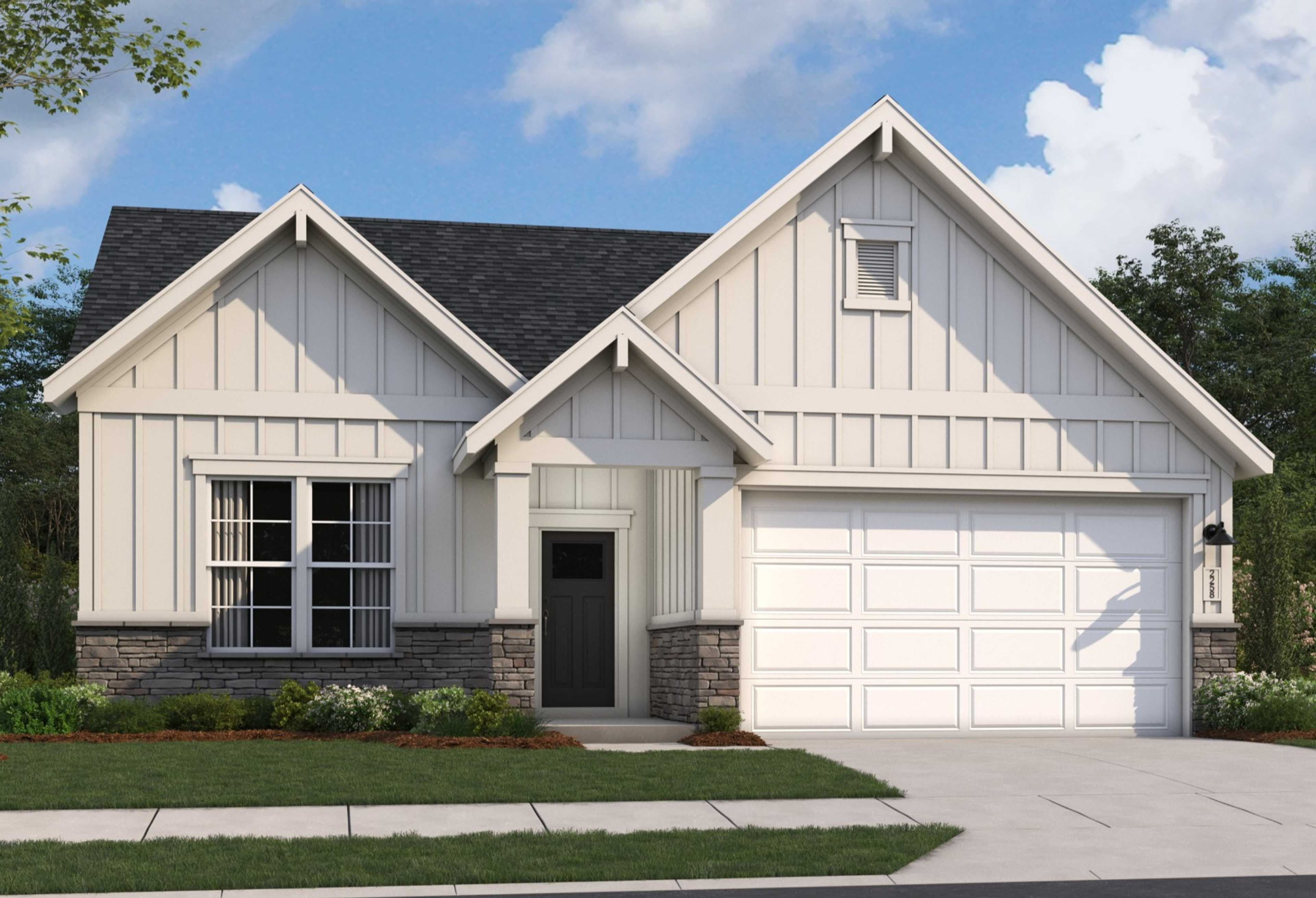 Modern farmhouse elevation of The Orion by Evermore Homes, white siding, gabled roof, 2-car garage, front porch in Cusseta AL
