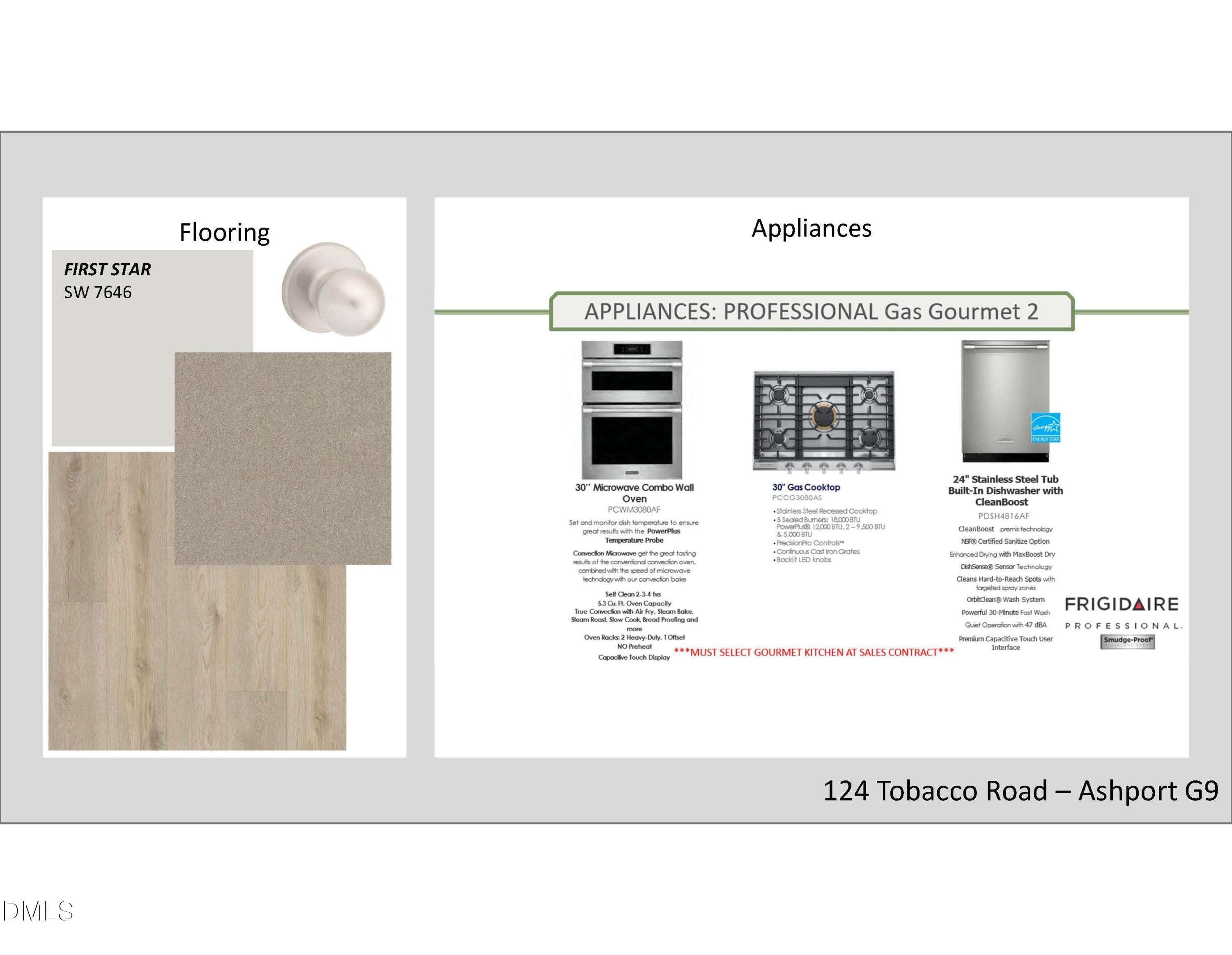 Neutral first-floor flooring in SW 9164 gray and wood tones with Frigidaire professional gas gourmet appliances for Ashport G home, Tobacco Road, Angier, NC