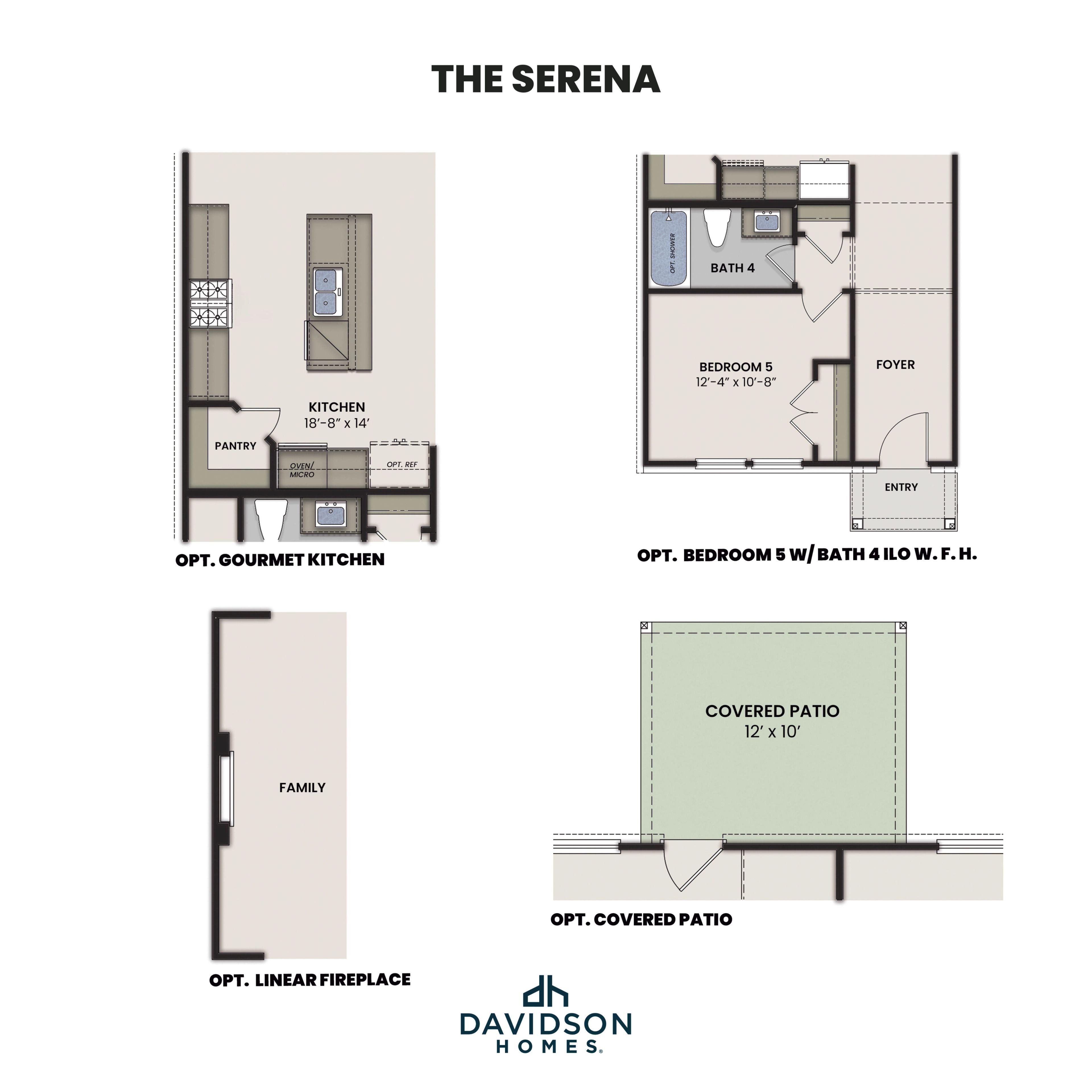 The Serena floor plan by Davidson Homes featuring optional gourmet kitchen, family room with linear fireplace, bedroom 5, bath 4, and covered patio