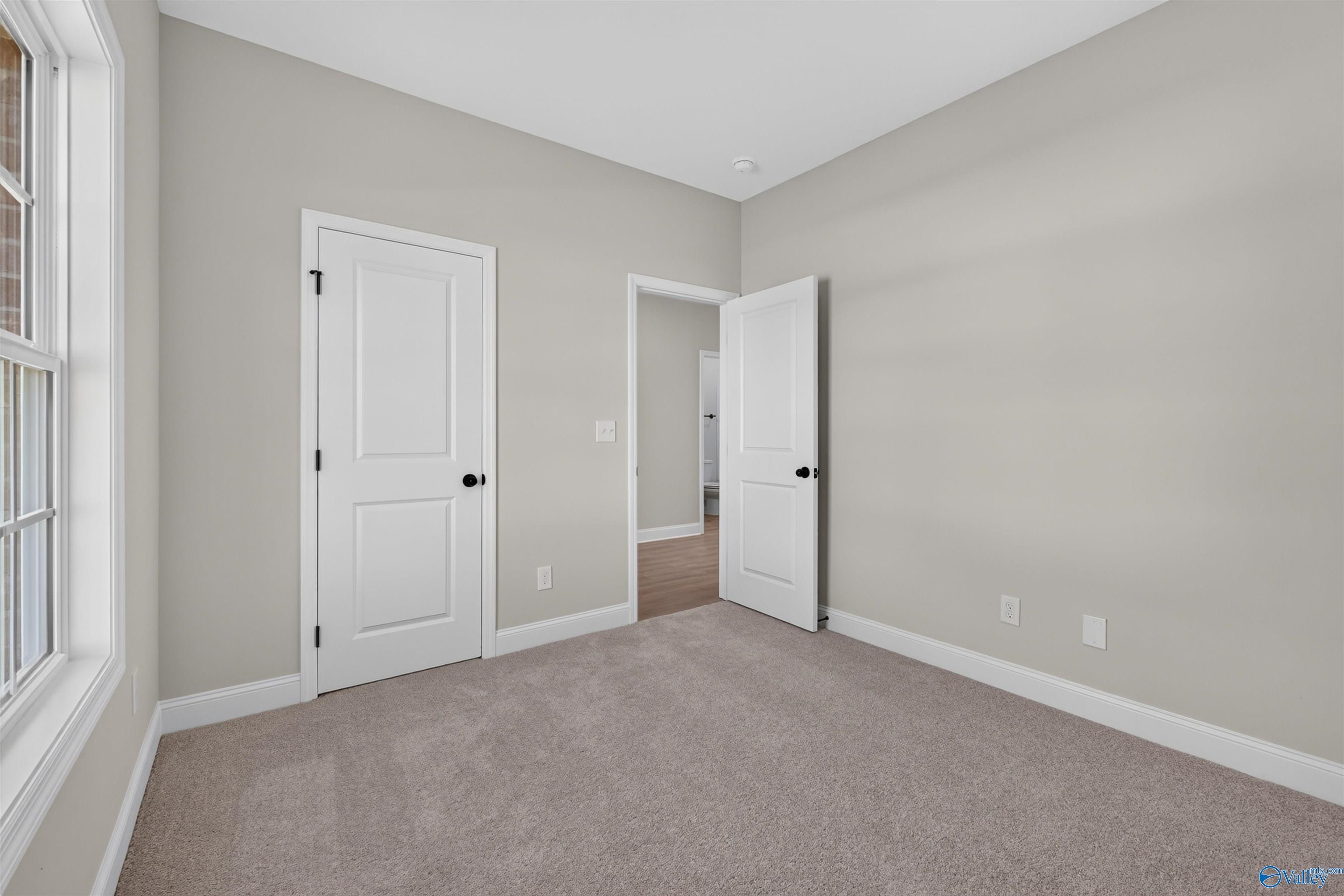 Bright carpeted bedroom with white doors and natural light in Davidson Homes The Butler floor plan, Clearview, Hazel Green, Alabama