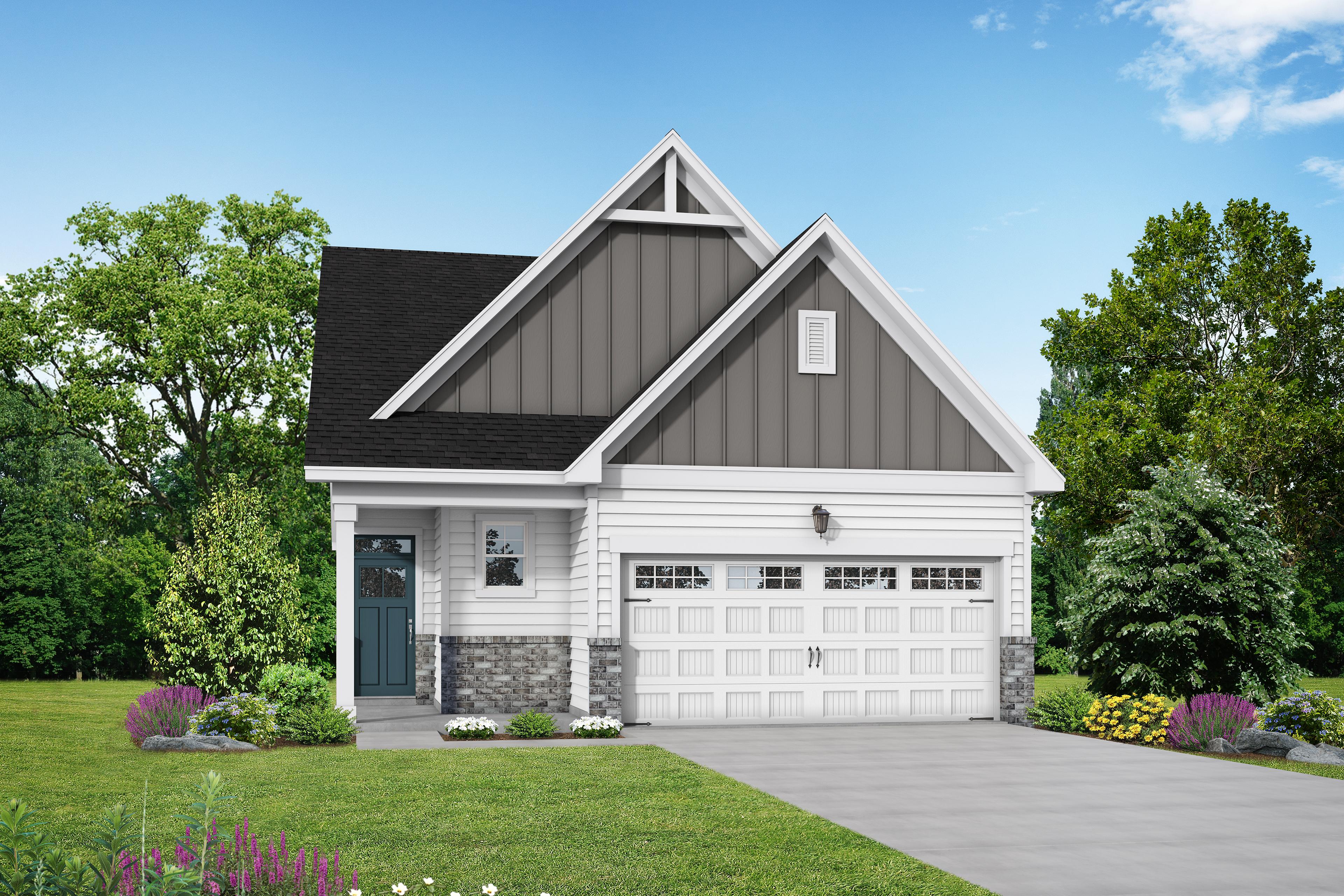 Modern single-story elevation of The Carter B showcasing gray gabled roof, stone accents, blue door, two-car garage, and lush landscaped yard
