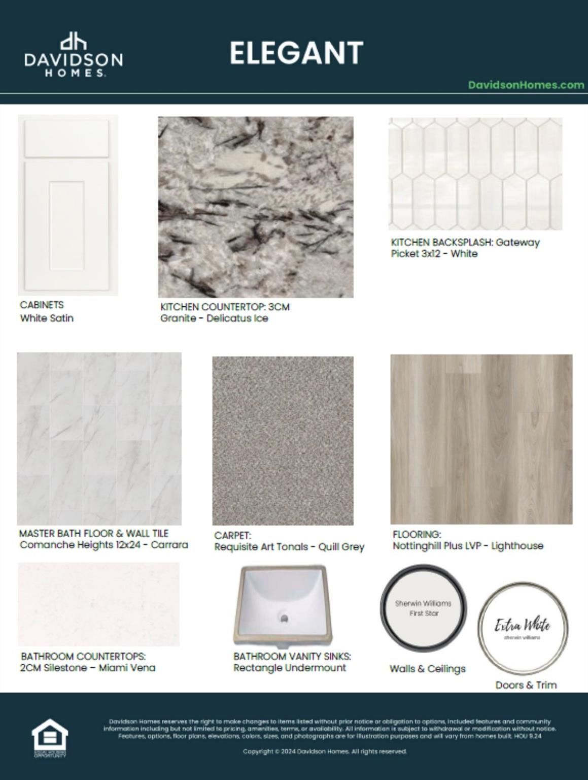 Interior design board for Davidson Homes The Laguna C: white cabinets, granite countertops, LVP flooring in Sunterra, Katy, Texas