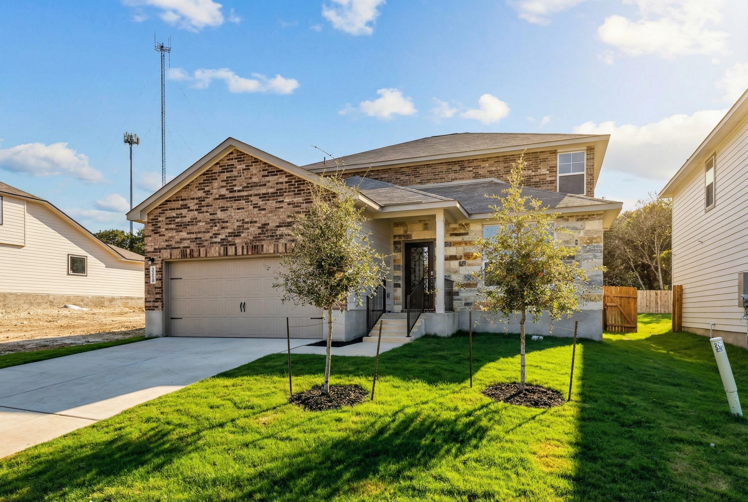 Two-story brick and stone home with 2-car garage, front porch, and lush green yard in Royal Crest, San Antonio, Texas - Davidson Homes The Douglas F