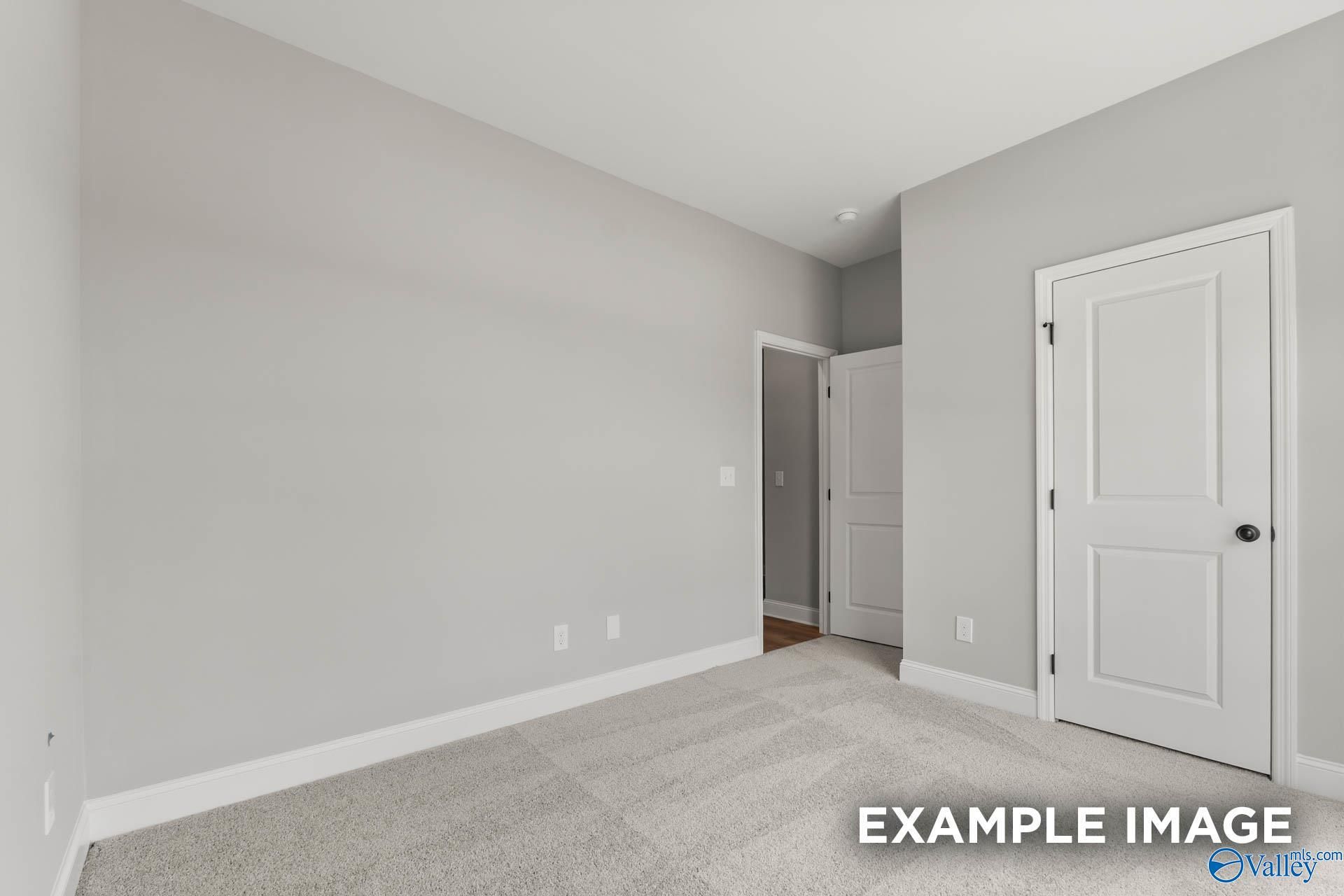 Bright secondary bedroom with light gray walls, white doors, and plush carpet in Davidson Homes The Asheville C, Hazel Green, Alabama