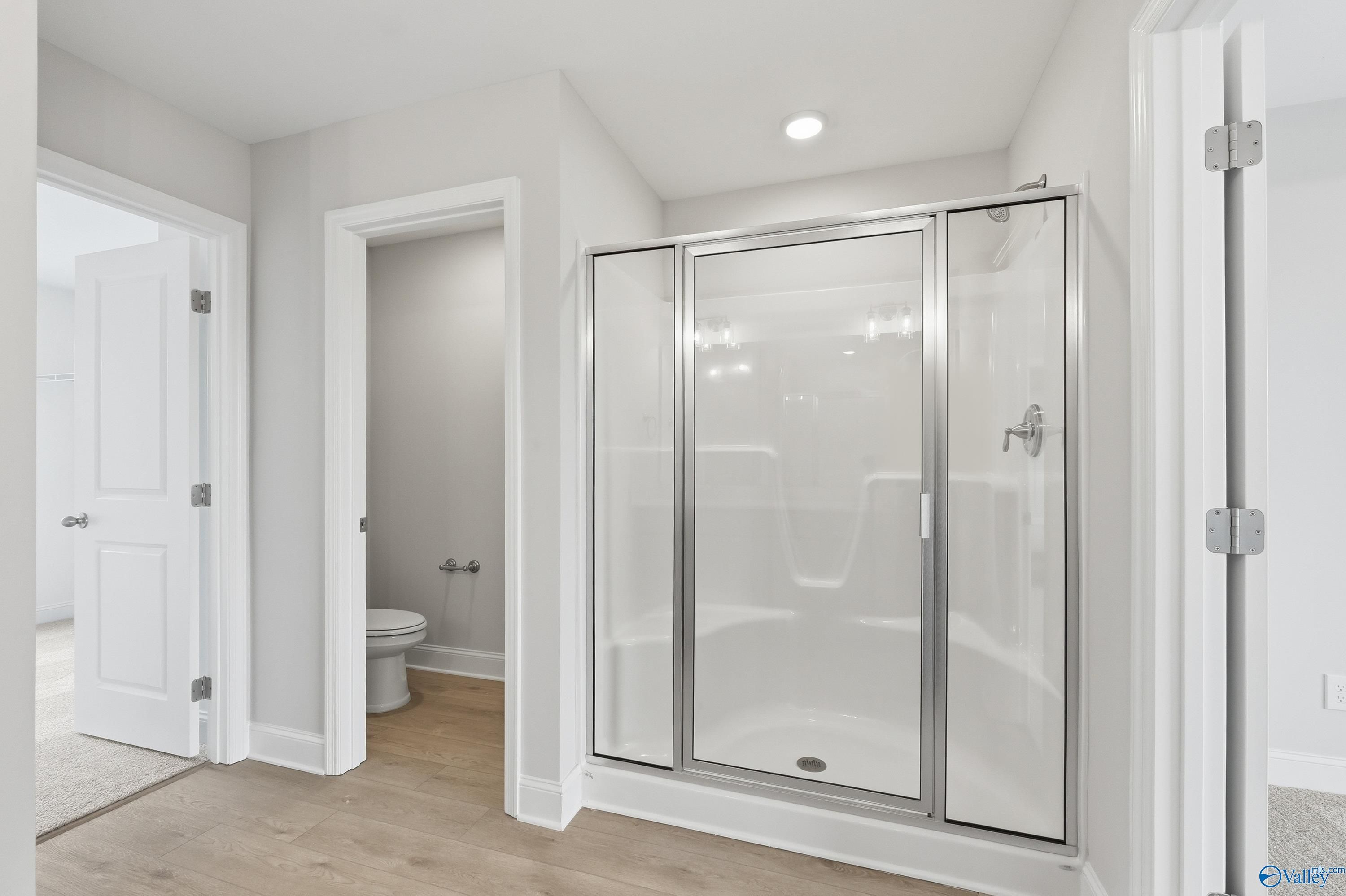 Modern master bathroom with glass shower enclosure, wood flooring, and recessed lighting in Davidson Homes The Shelby B, New Market, Alabama