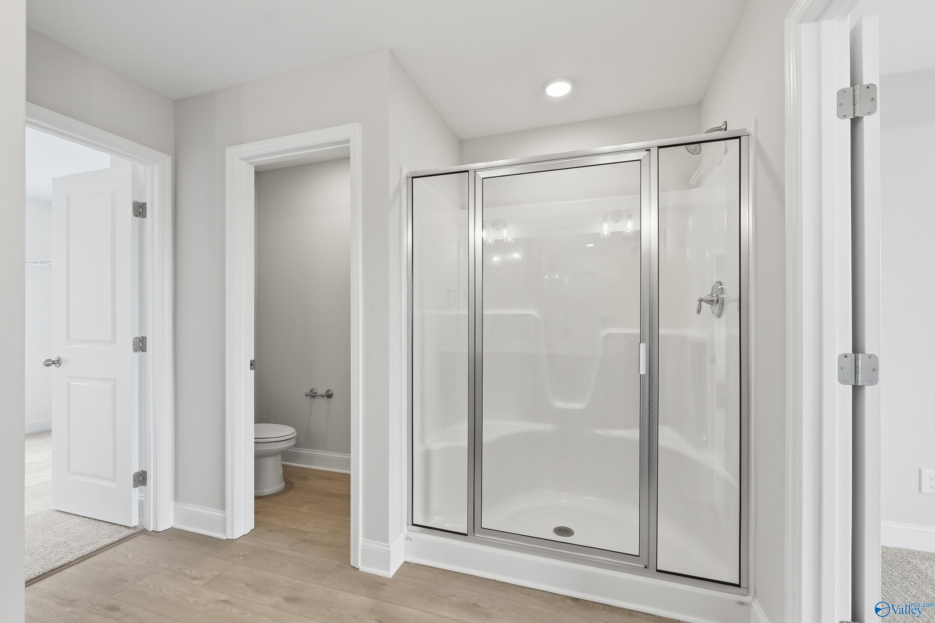 Modern master bathroom with glass shower enclosure, wood flooring, and recessed lighting in Davidson Homes The Shelby B, New Market, Alabama