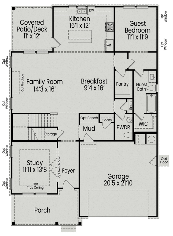 First floor layout of The Aspen B home design featuring open family room, gourmet kitchen, guest suite, and 2-car garage