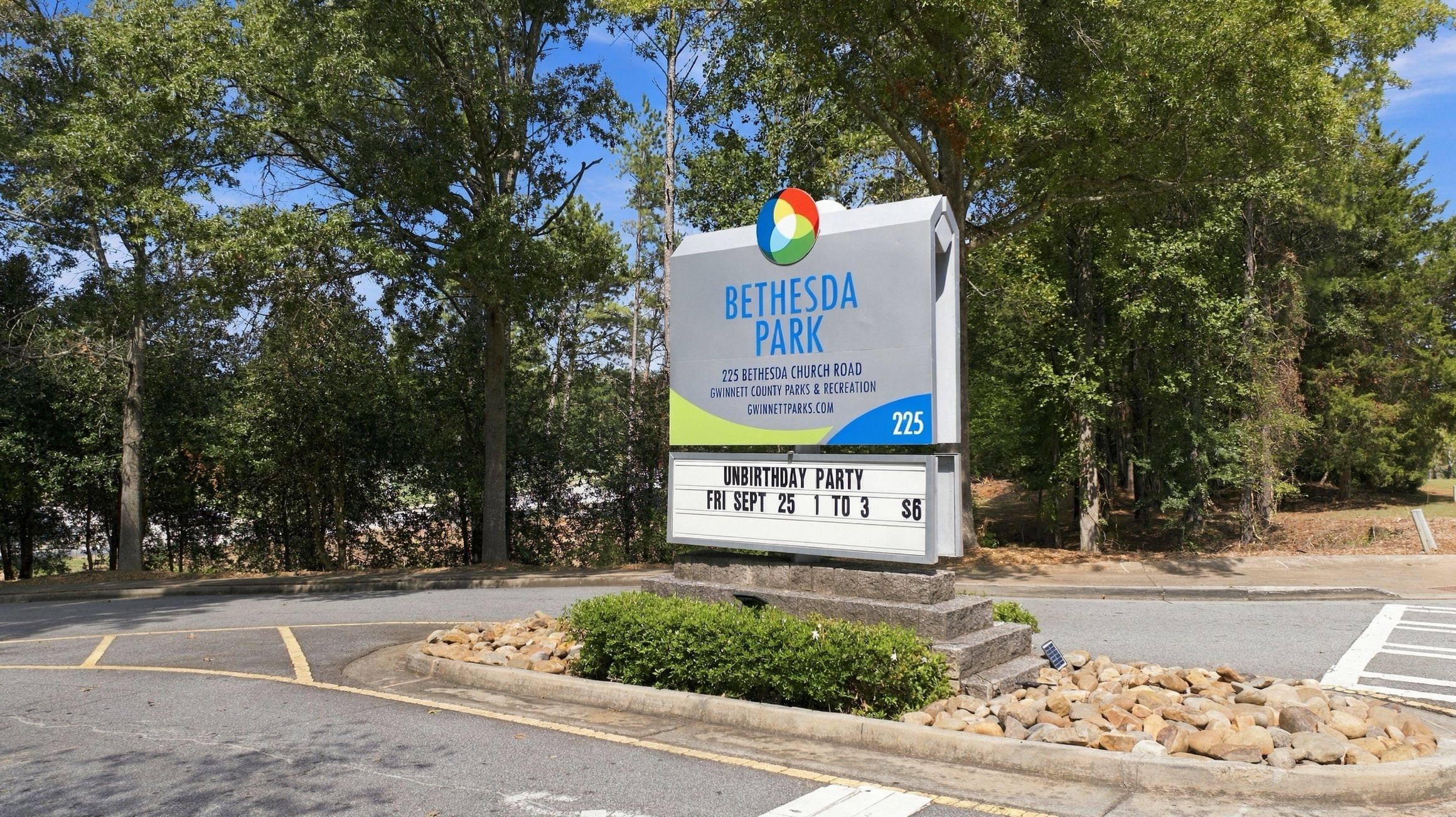 Bethesda Park entrance sign near Alford at Bethesda community in Lawrenceville, Georgia, surrounded by mature trees and landscaping